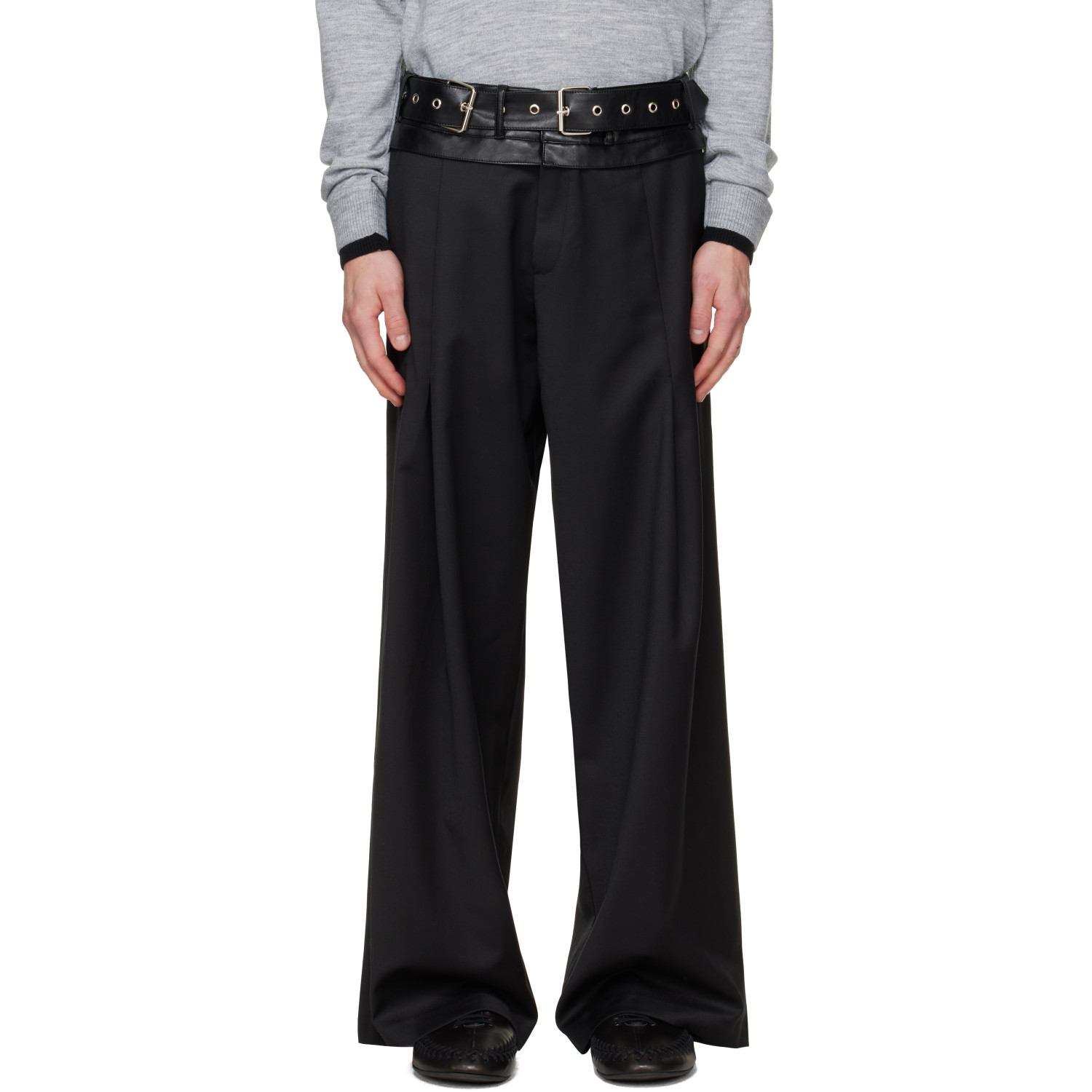 a.v. vattev Black Double Leather Belt Pleated Trousers