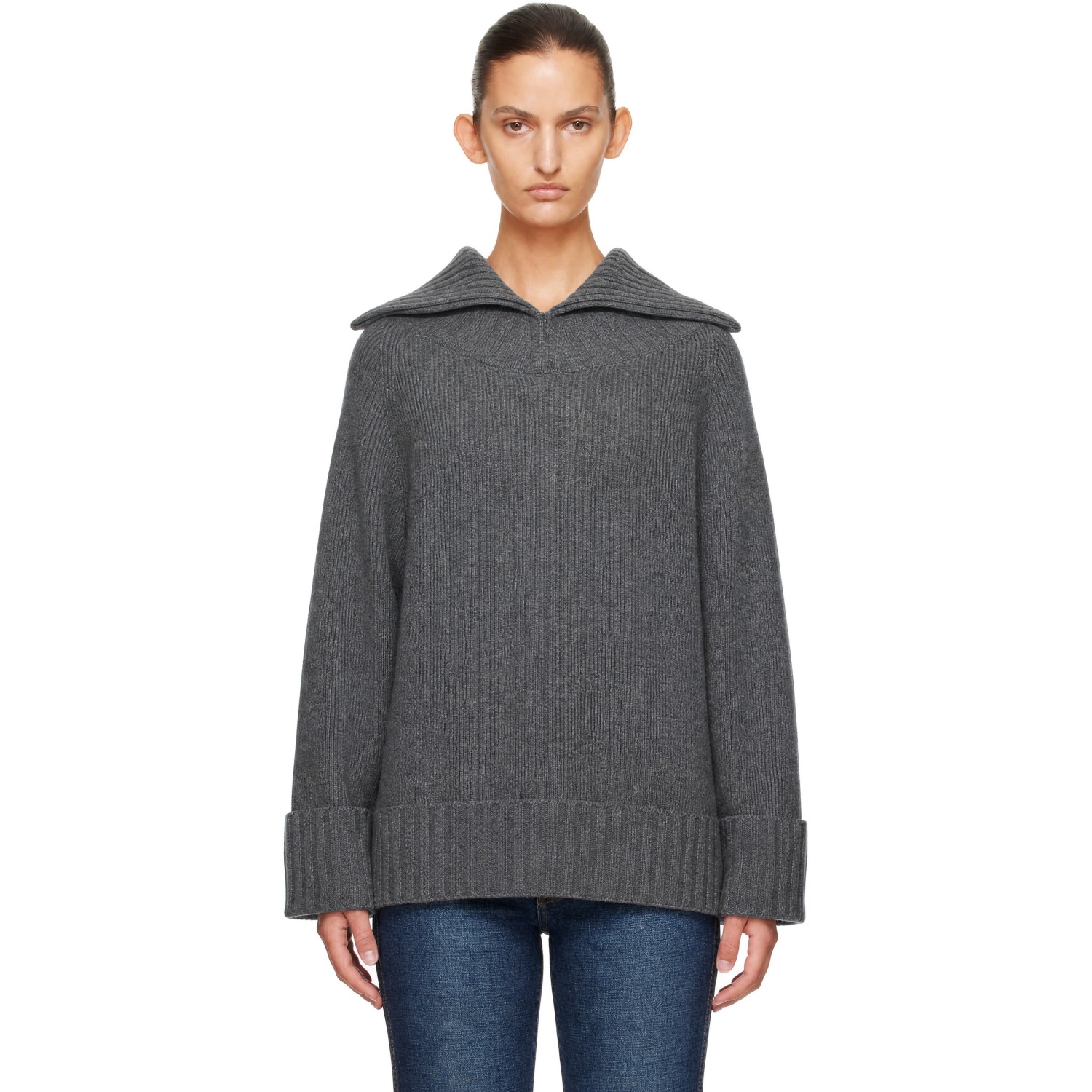 Victoria Beckham Gray Wide Collar Jumper Sweater