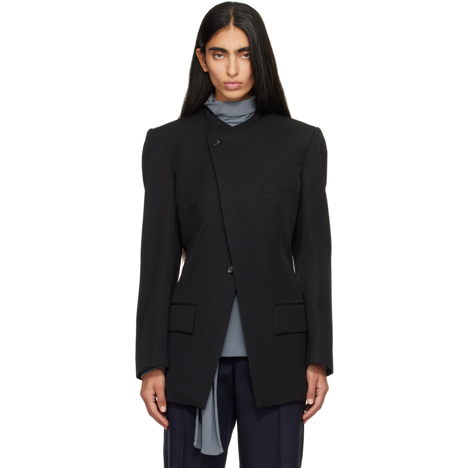 Bottega Veneta Black Wool Grain De Poudre Collarless Blazer