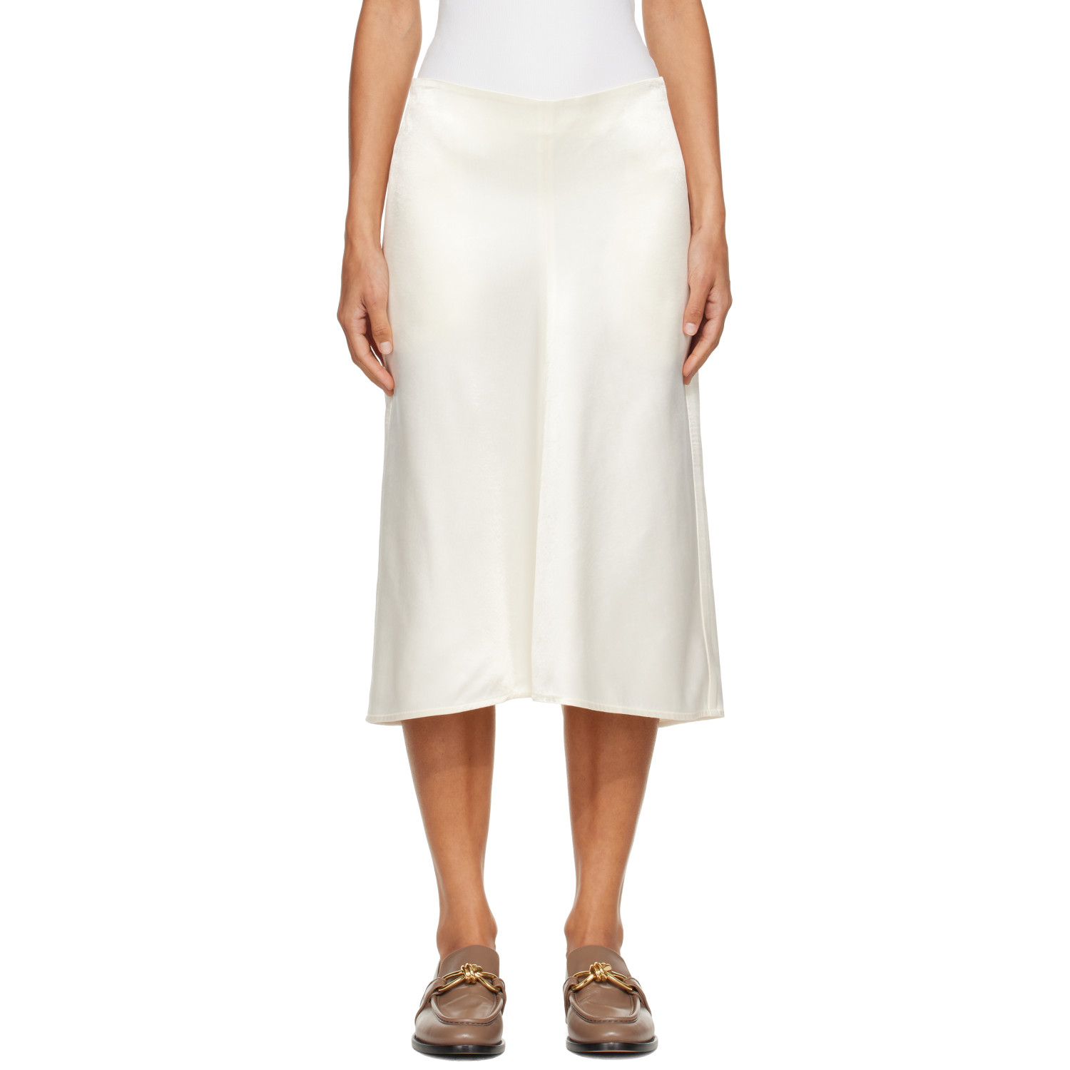 Bottega Veneta White Shiny Cupro Midi Skirt