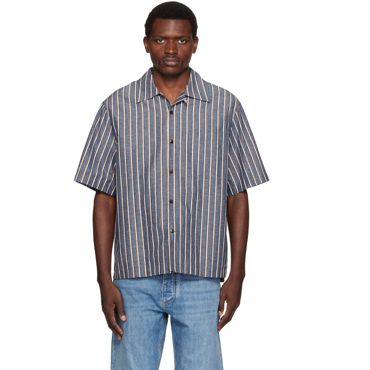 Bottega Veneta Blue Bold Cotton Linen Stripe Shirt
