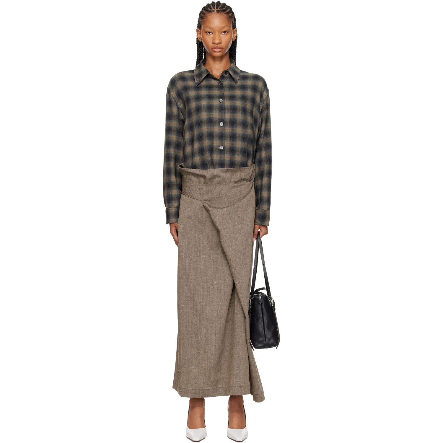 OUR LEGACY Green & Taupe Twisted Shirt Maxi Dress
