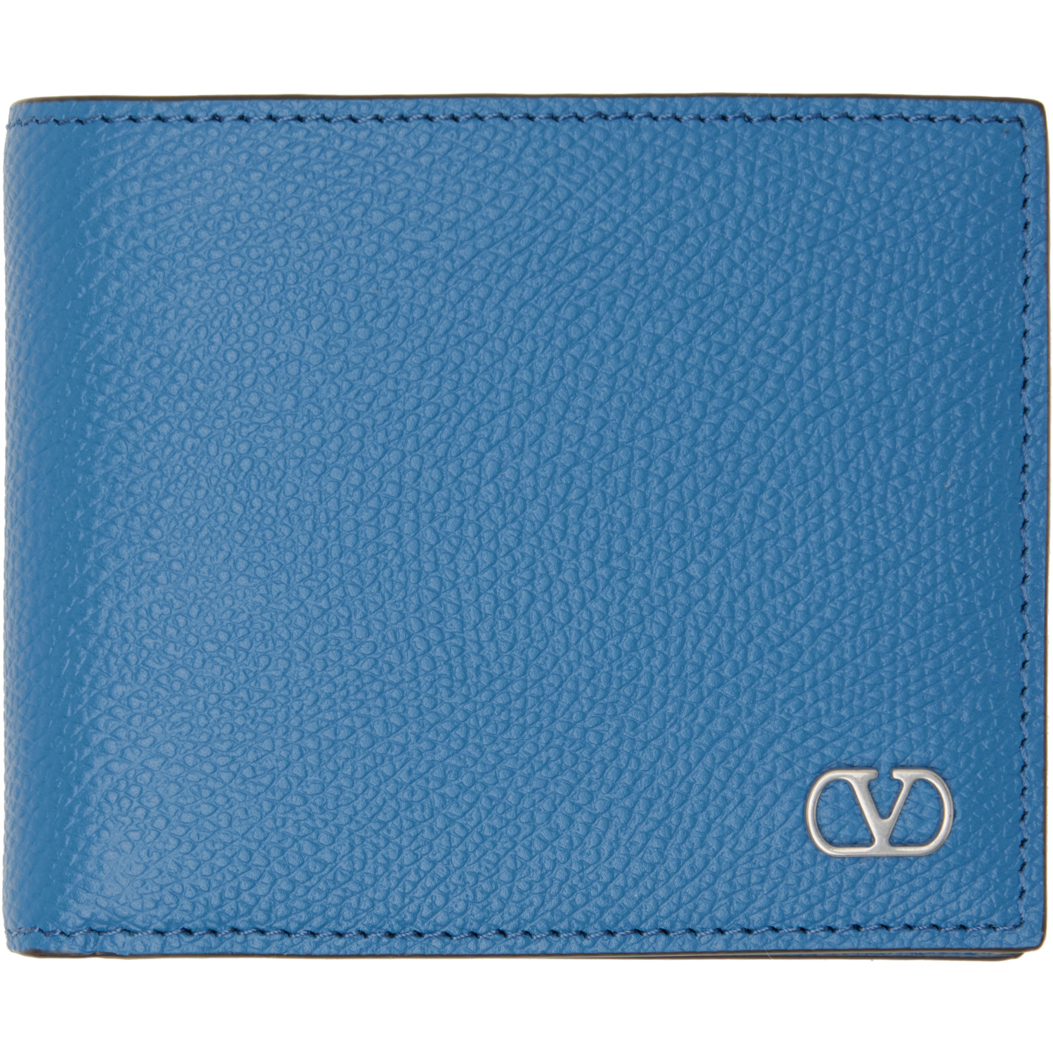 Valentino Garavani Blue VLogo Signature Grainy Calfskin Wallet