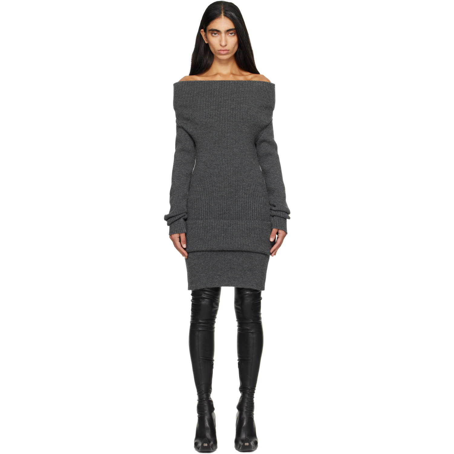 Jean Paul Gaultier Gray Rib-Knit Wool Minidress