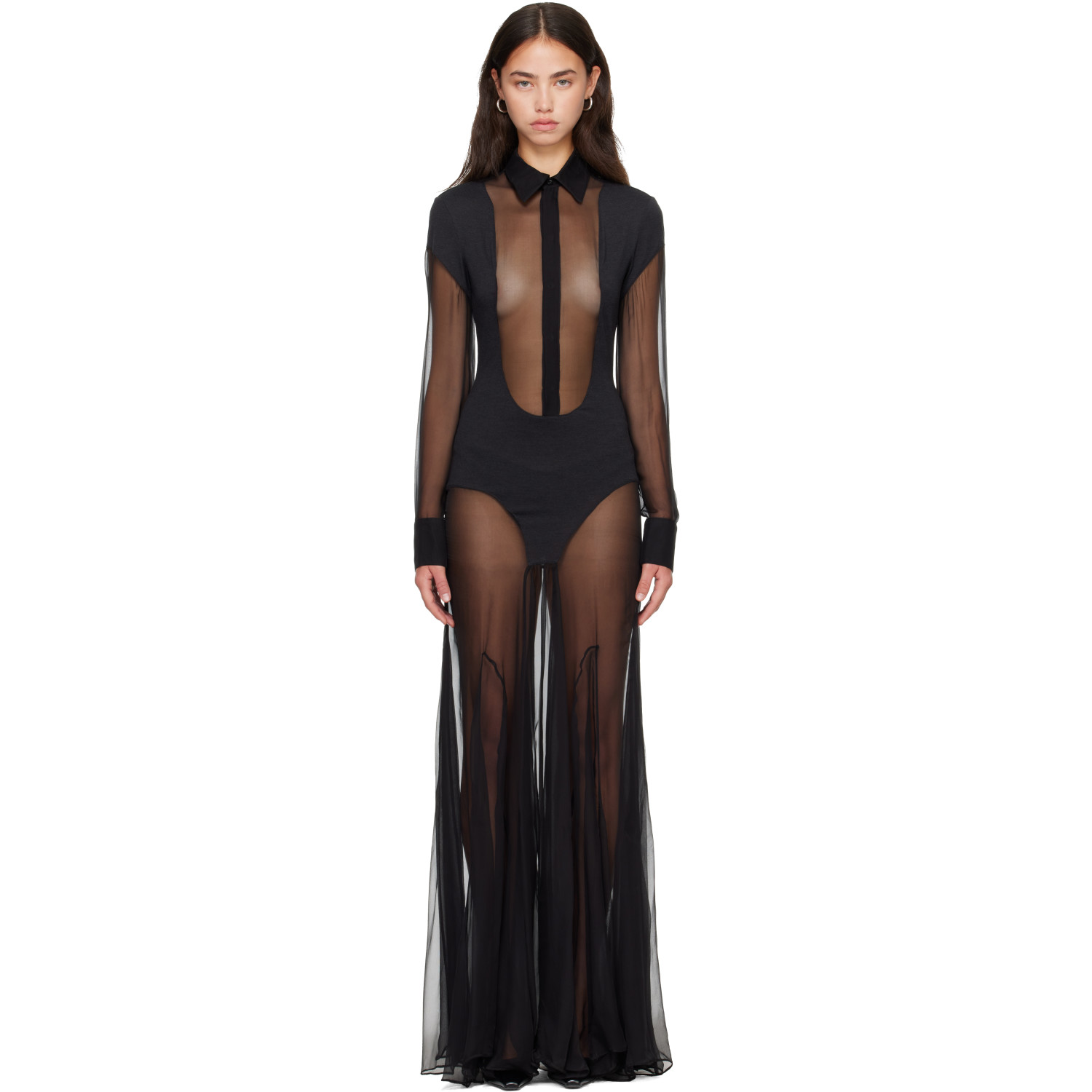 Jean Paul Gaultier Black Silk Bi Material Maxi Dress