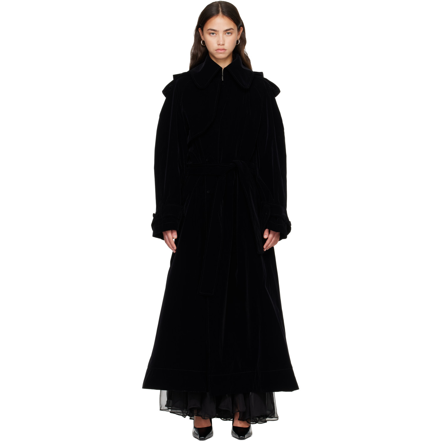 Jean Paul Gaultier Black Nylon Flock Long Trench Coat