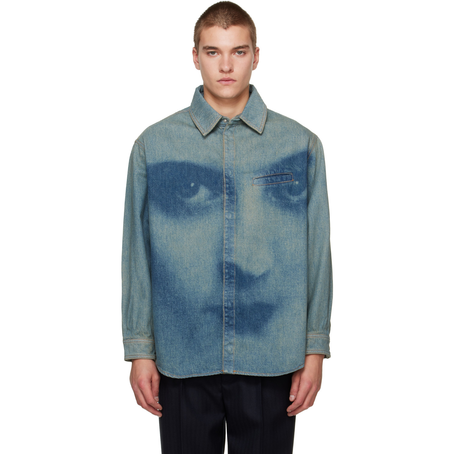 Jean Paul Gaultier Blue Face Print Oversized Denim Shirt