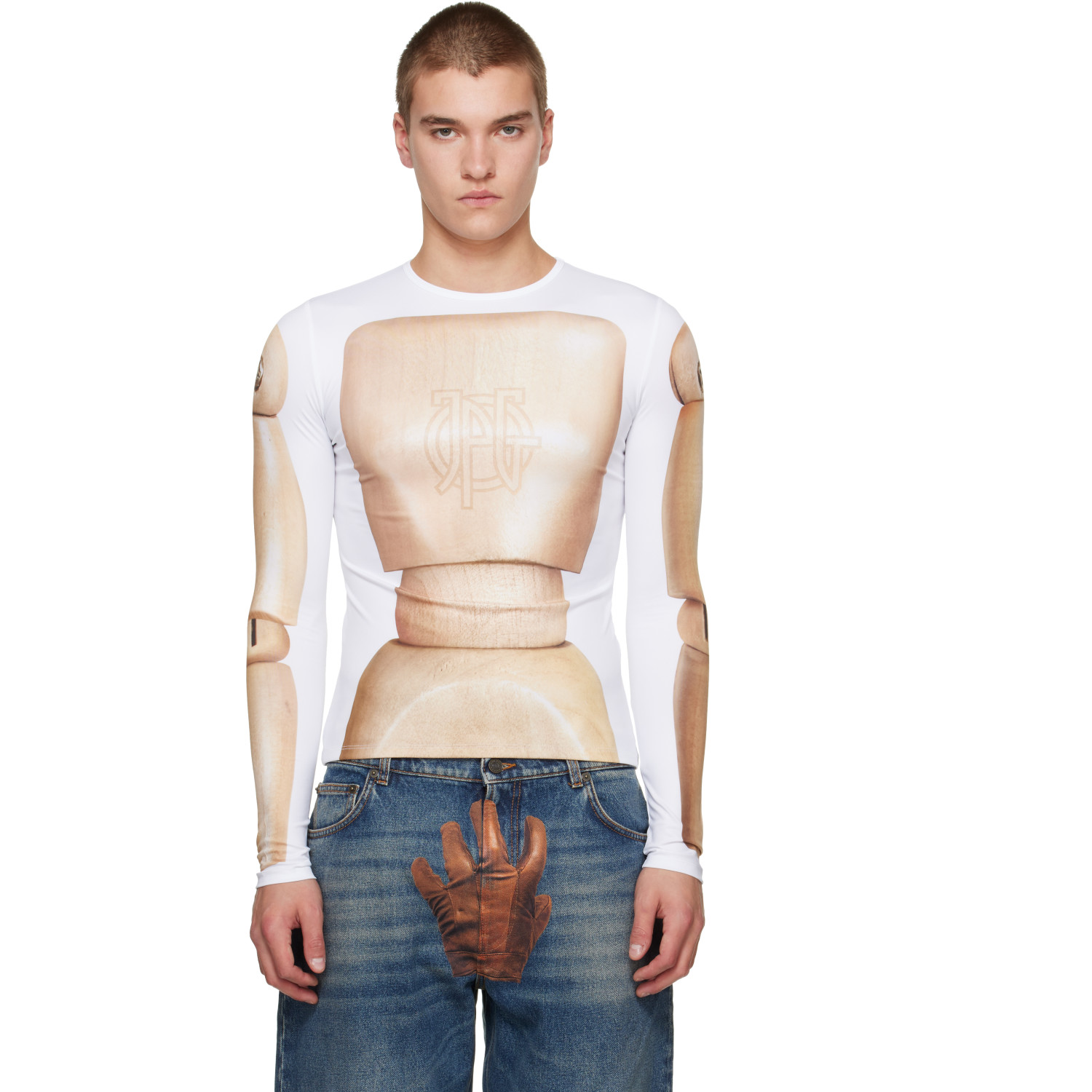 Jean Paul Gaultier White & Beige 'The Wooden Body' T-shirt