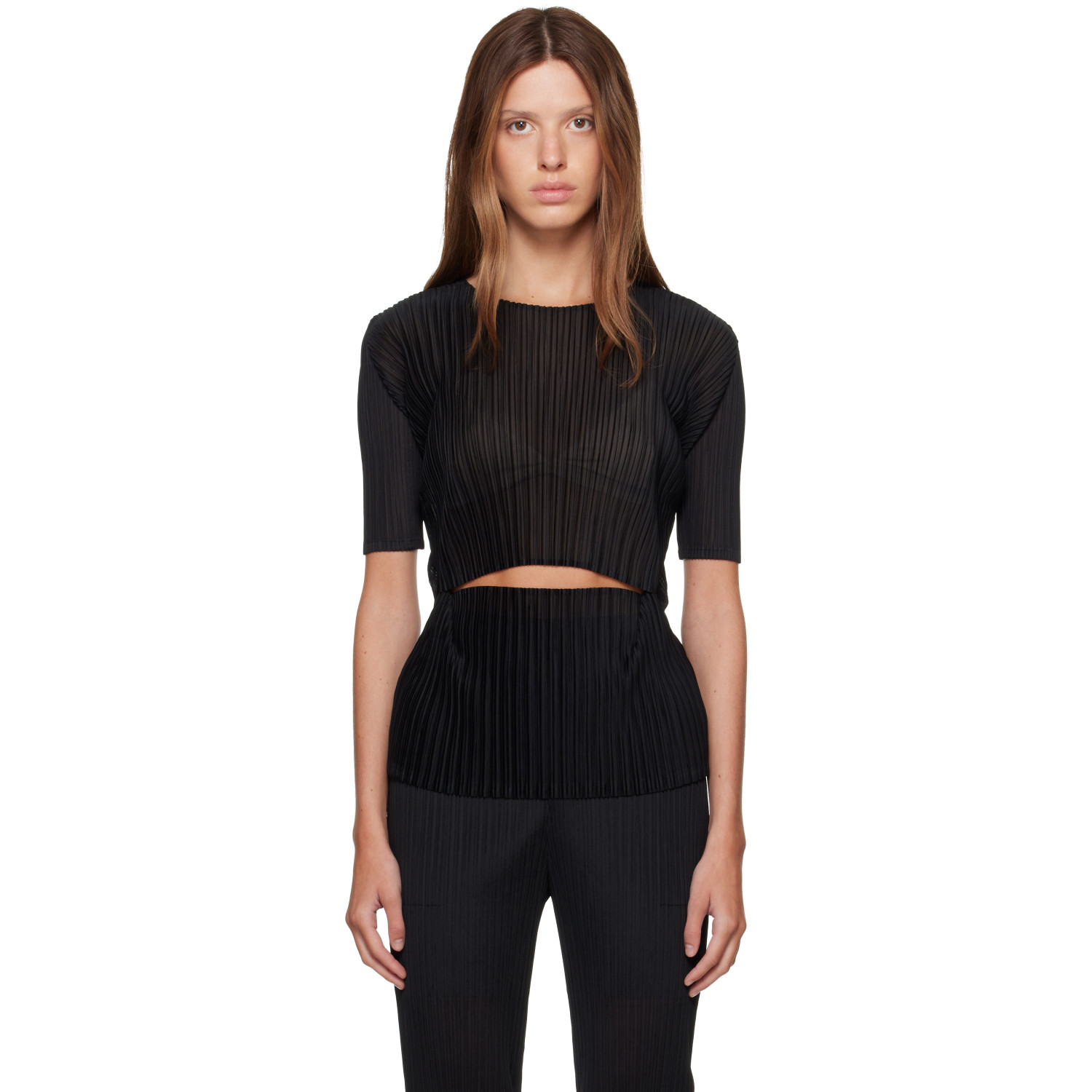 ISSEY MIYAKE Black Sheer Split Pleats Top