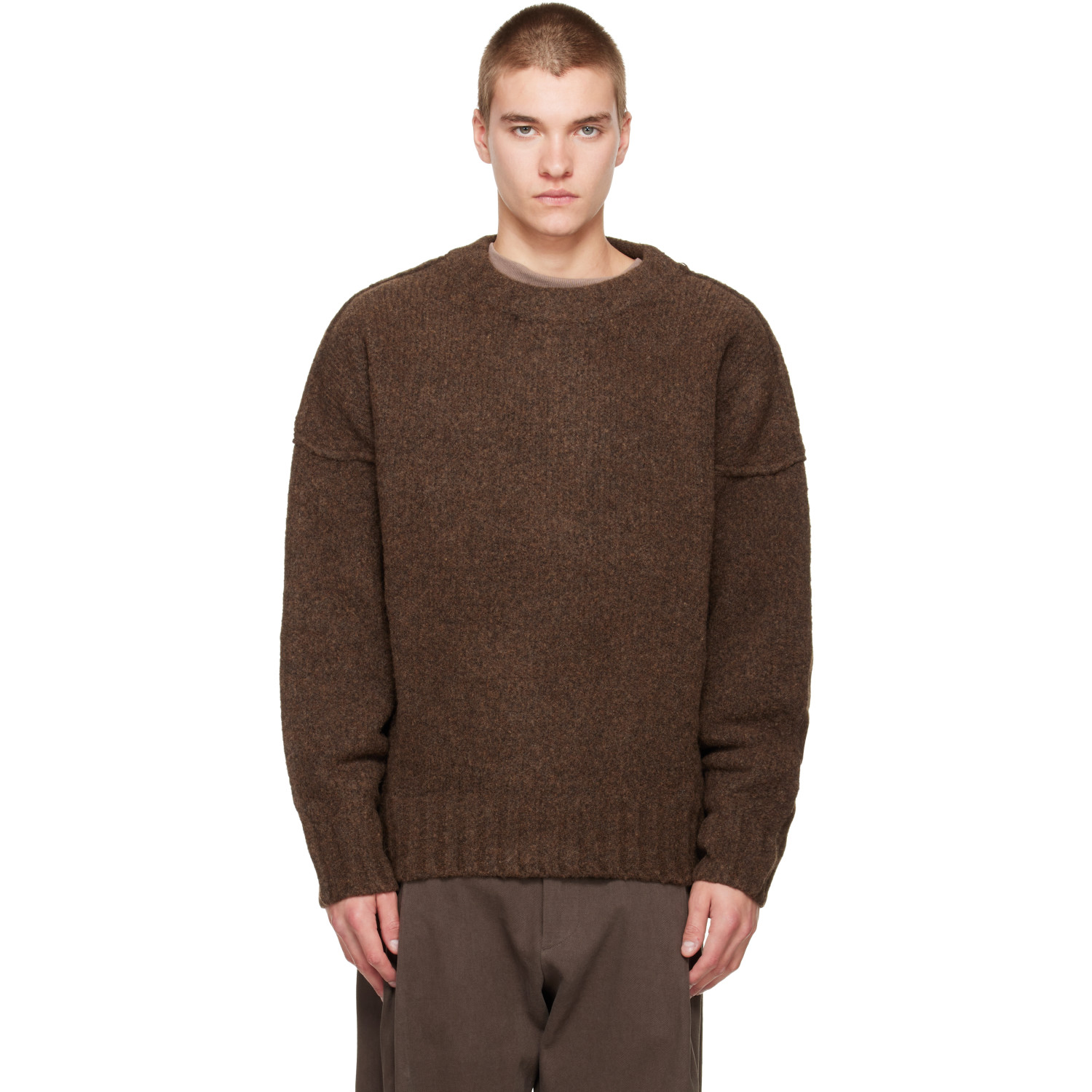 Seventh Brown Wool Knit Crewneck Sweater In Chestnut Grain