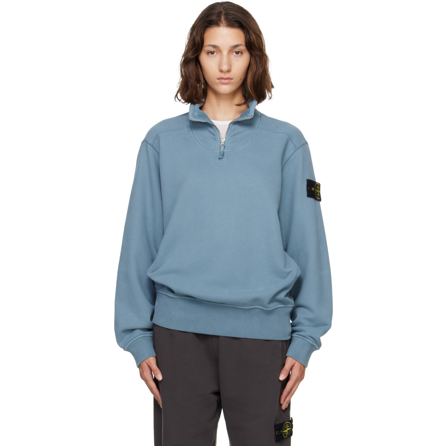 Stone Island Blue 6100021 Brushed Organic Cotton Fleece Sweater