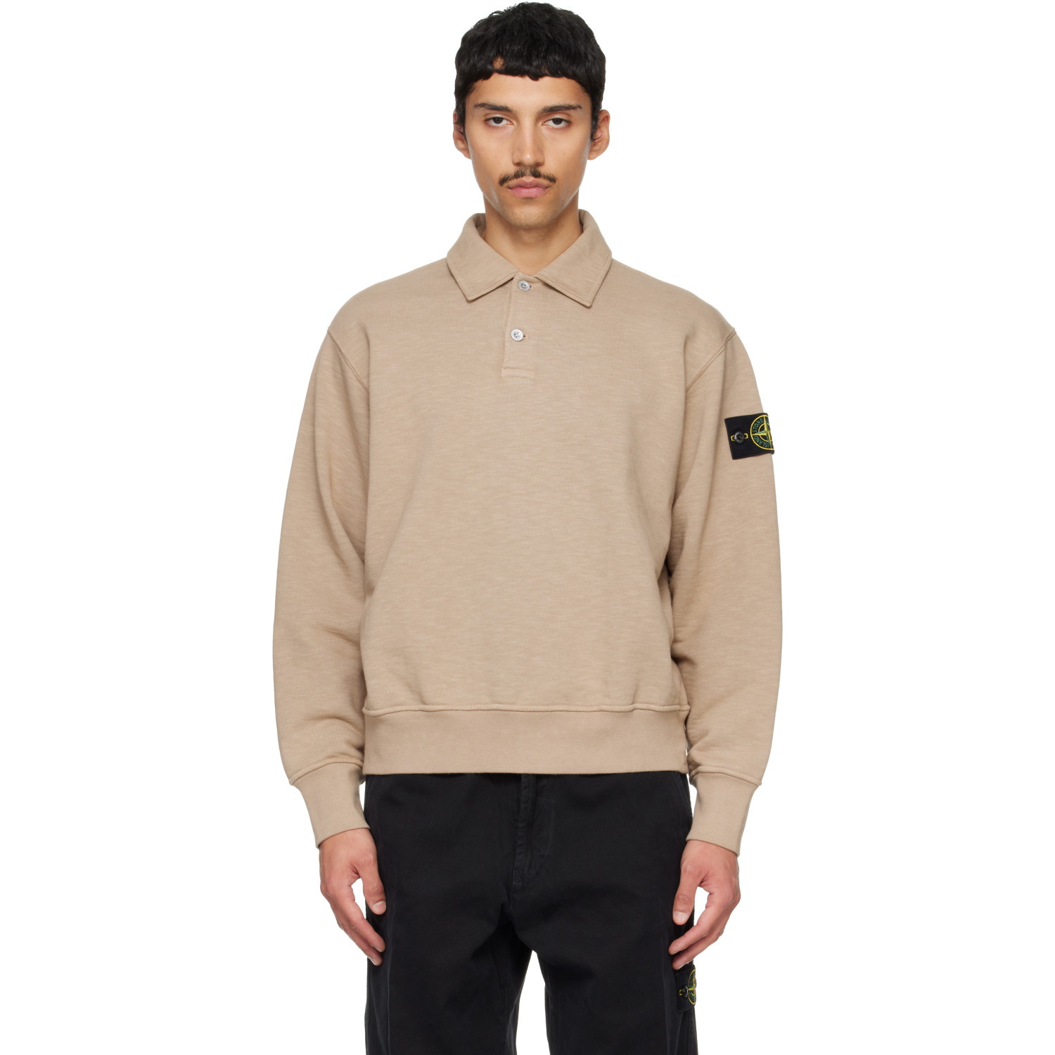 Stone Island Beige 6100054 Cotton Fleece Long Sleeve Polo