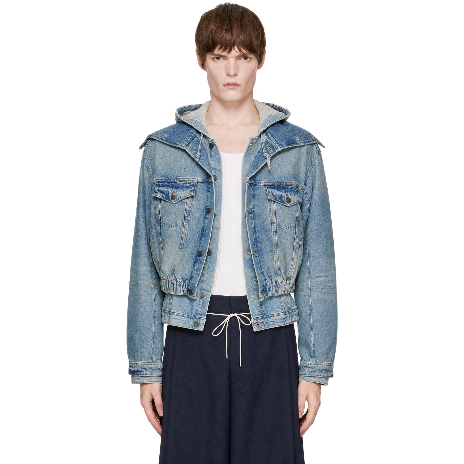 Egonlab Blue Hooded Denim Bomber Jacket In Aw26-005 Blue Denim