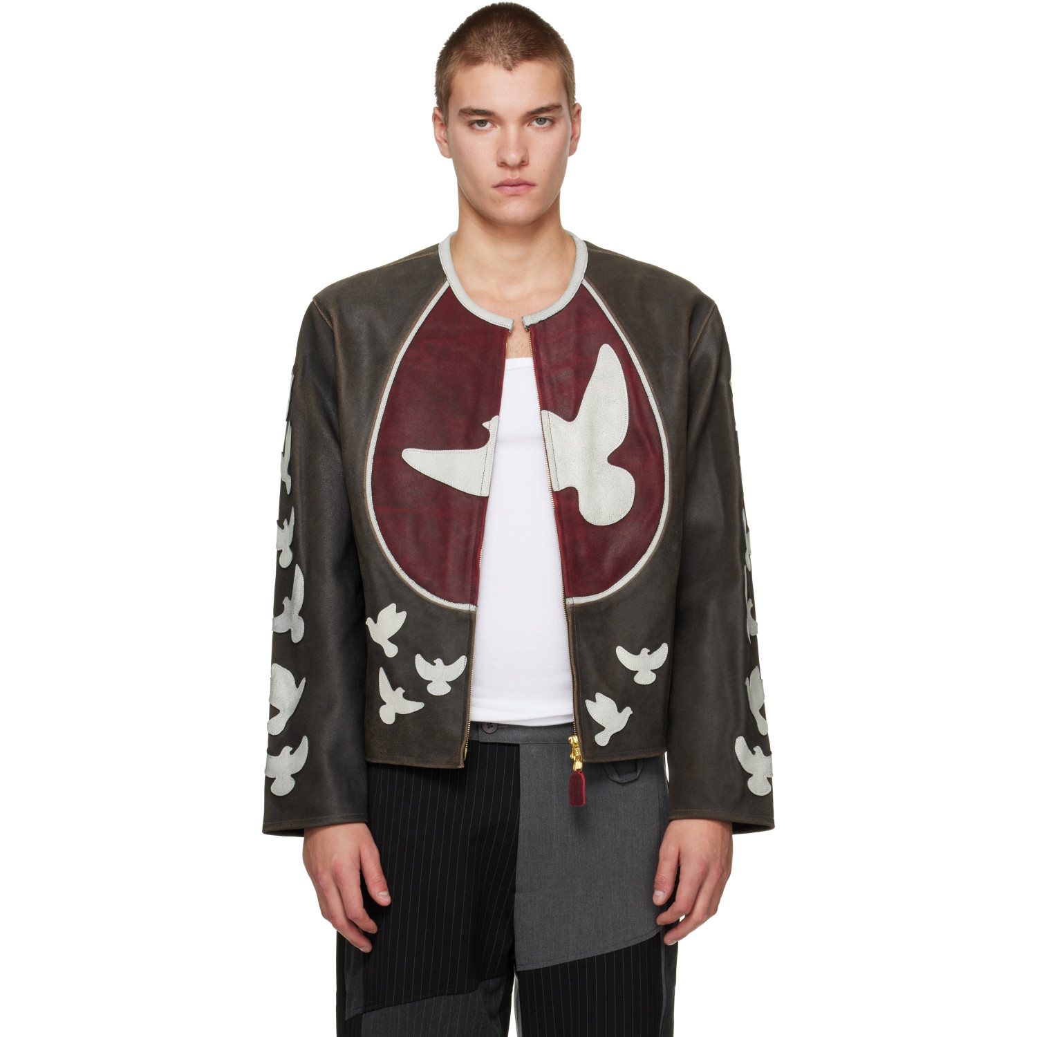 KidSuper Black 'Doves' Distressed Moto Leather Jacket