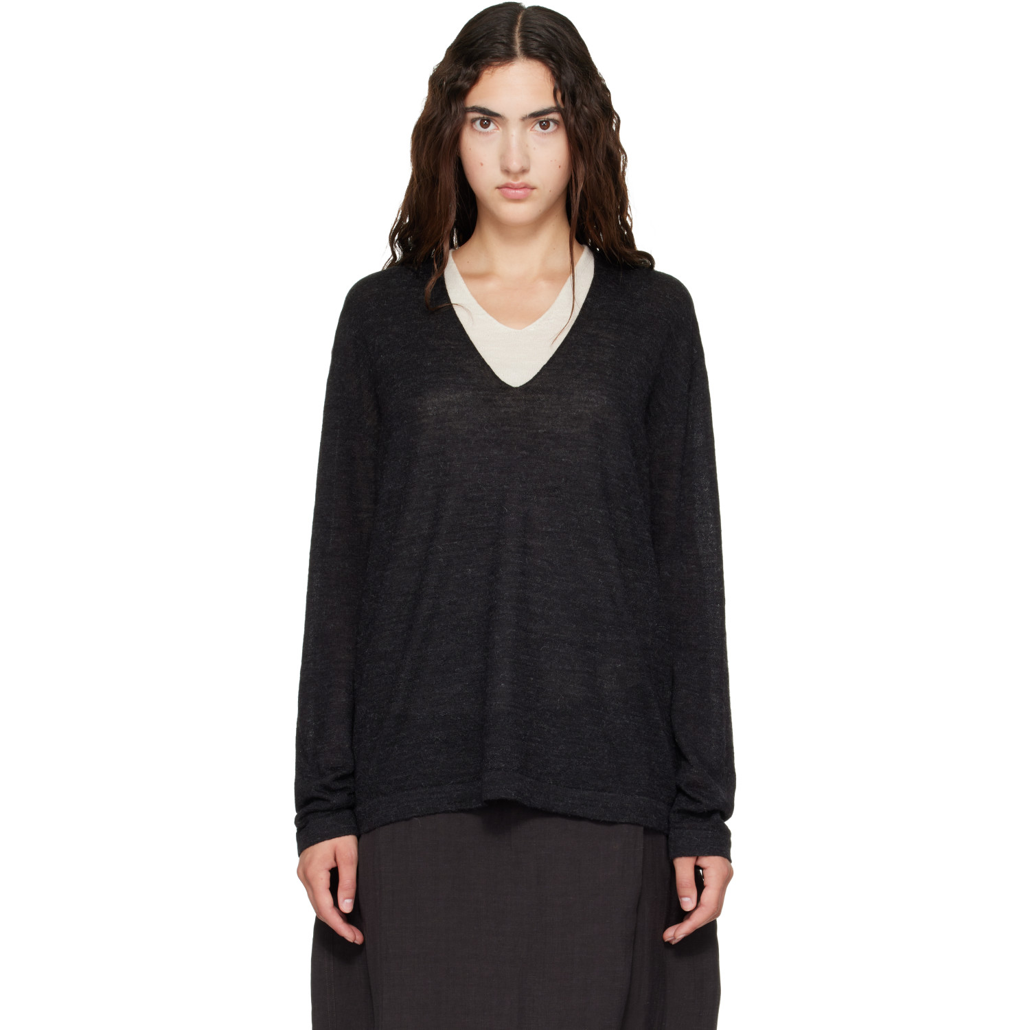 Lauren Manoogian Black Fine Low V Neck Sweater