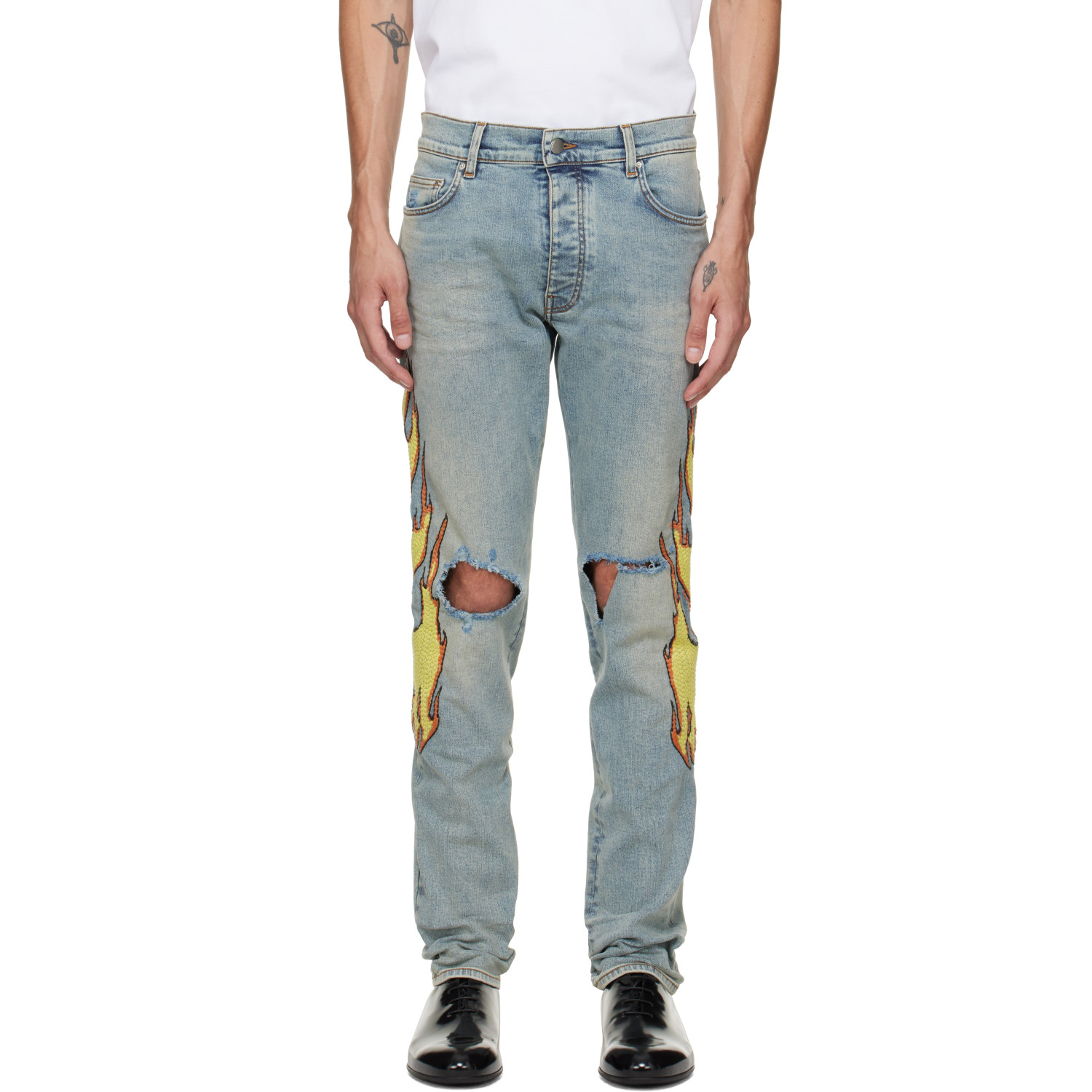 AMIRI Blue Flames Emb Skinny Jeans