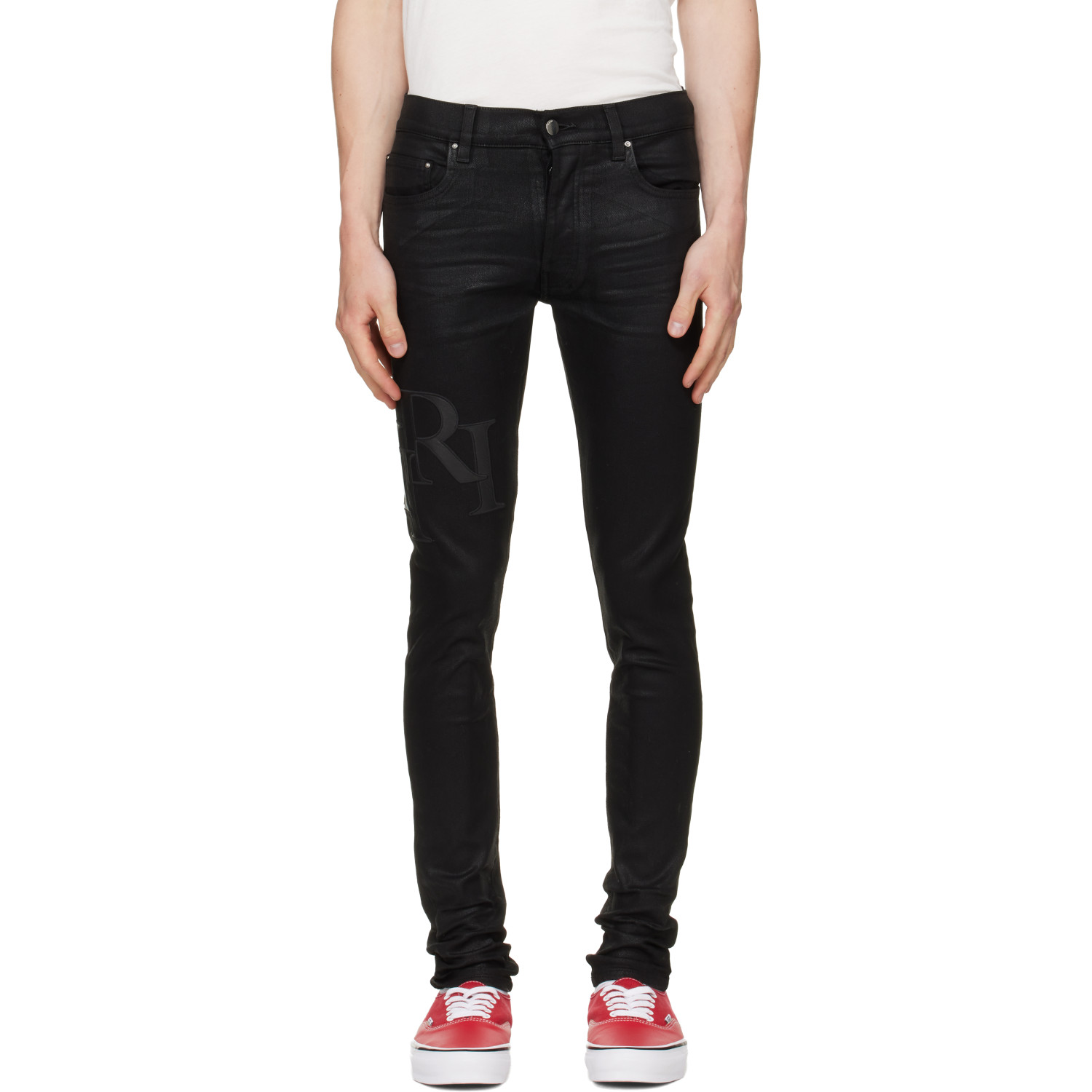 AMIRI Black Waxed Staggered Logo Skinny Jeans
