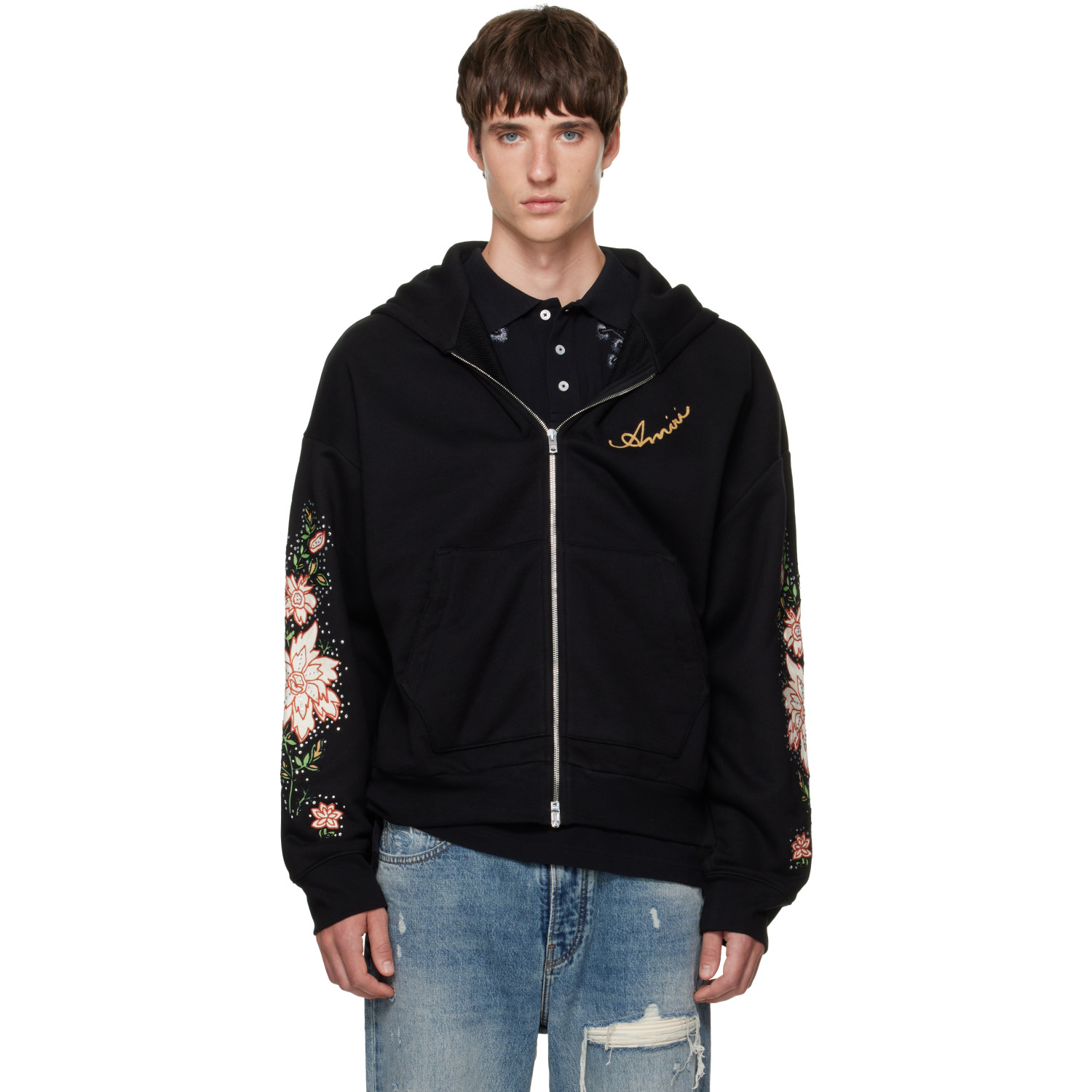 AMIRI Black Floral Sleeve Zipped Hoodie