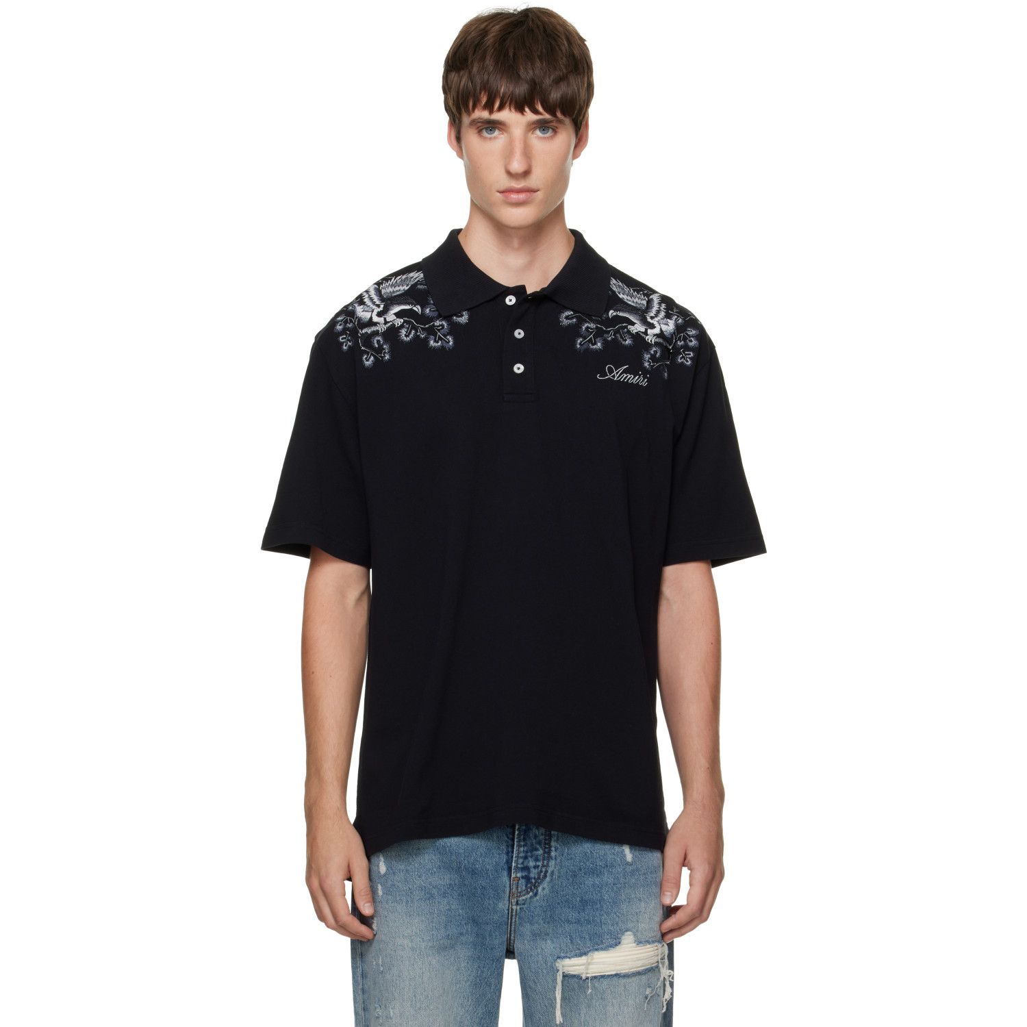 AMIRI Black Floral Embroidered Polo