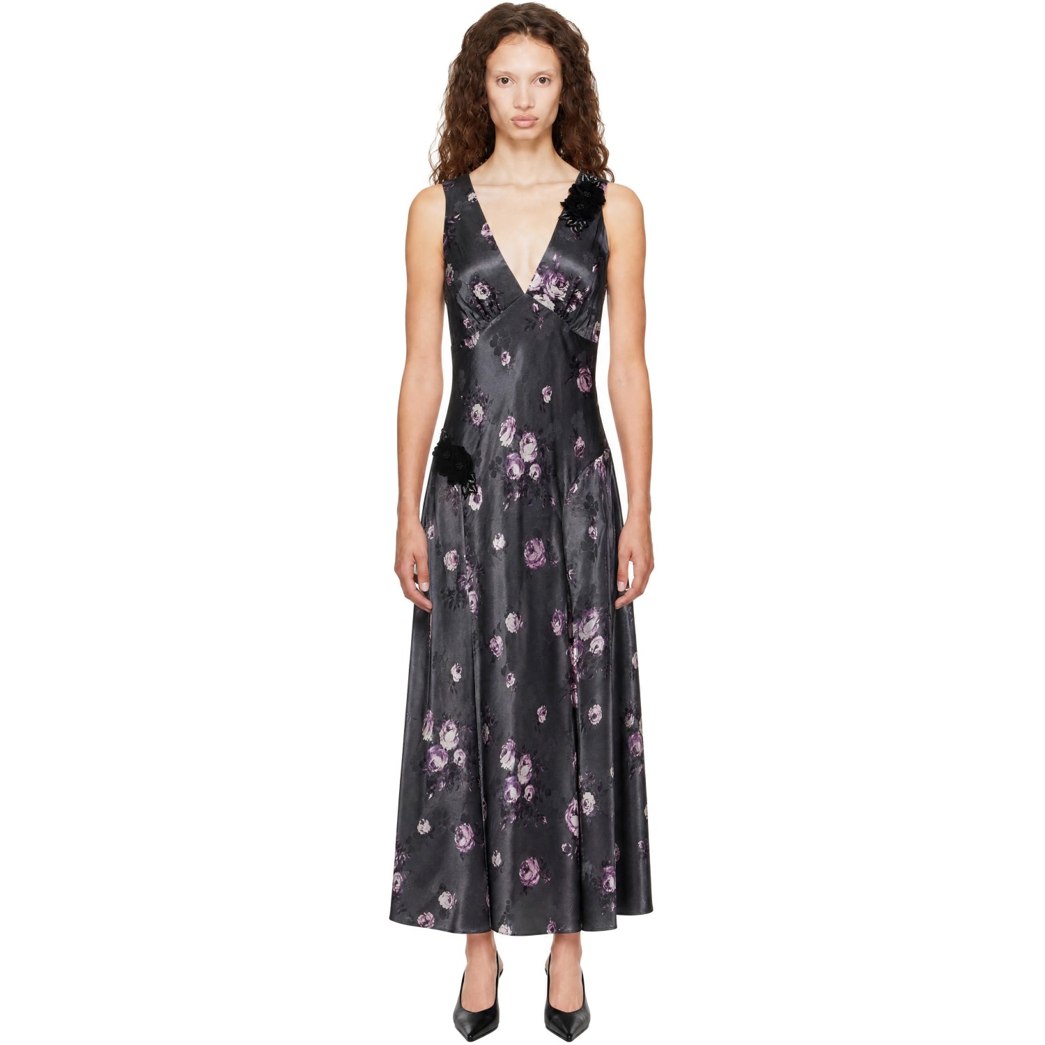 Anna Sui Gray Floral Appliqué Maxi Dress