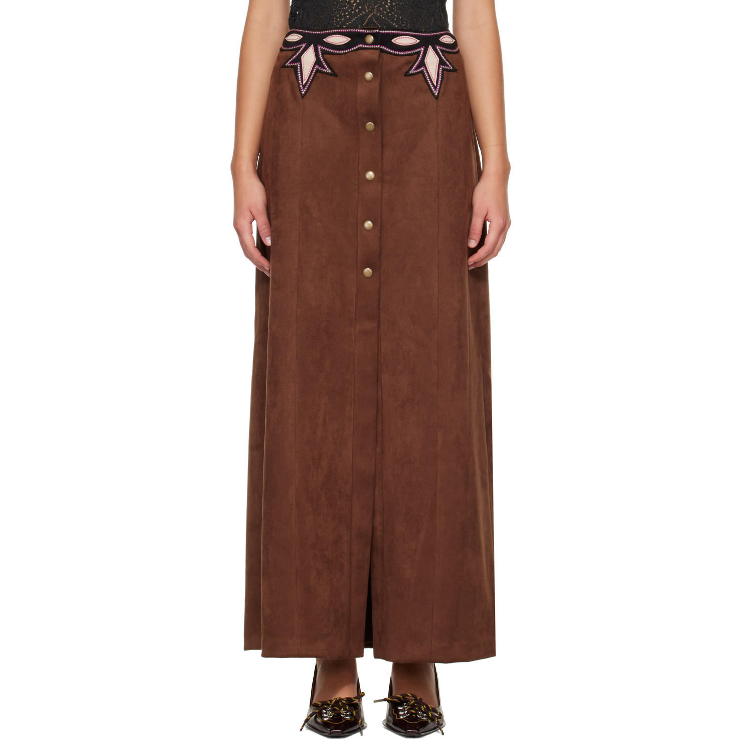 Anna Sui Brown Faux-Suede Appliqué Maxi Skirt