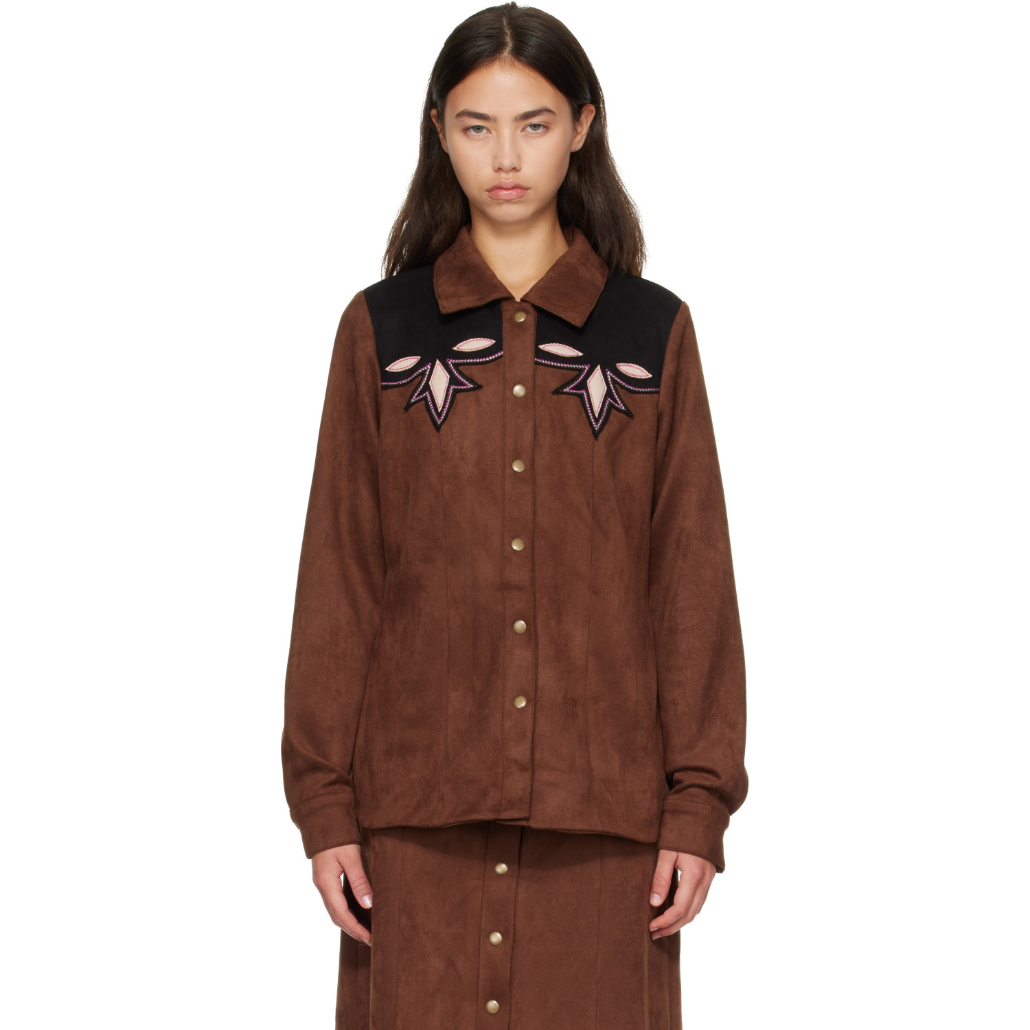 Anna Sui Brown Faux-Suede Appliqué Overshirt