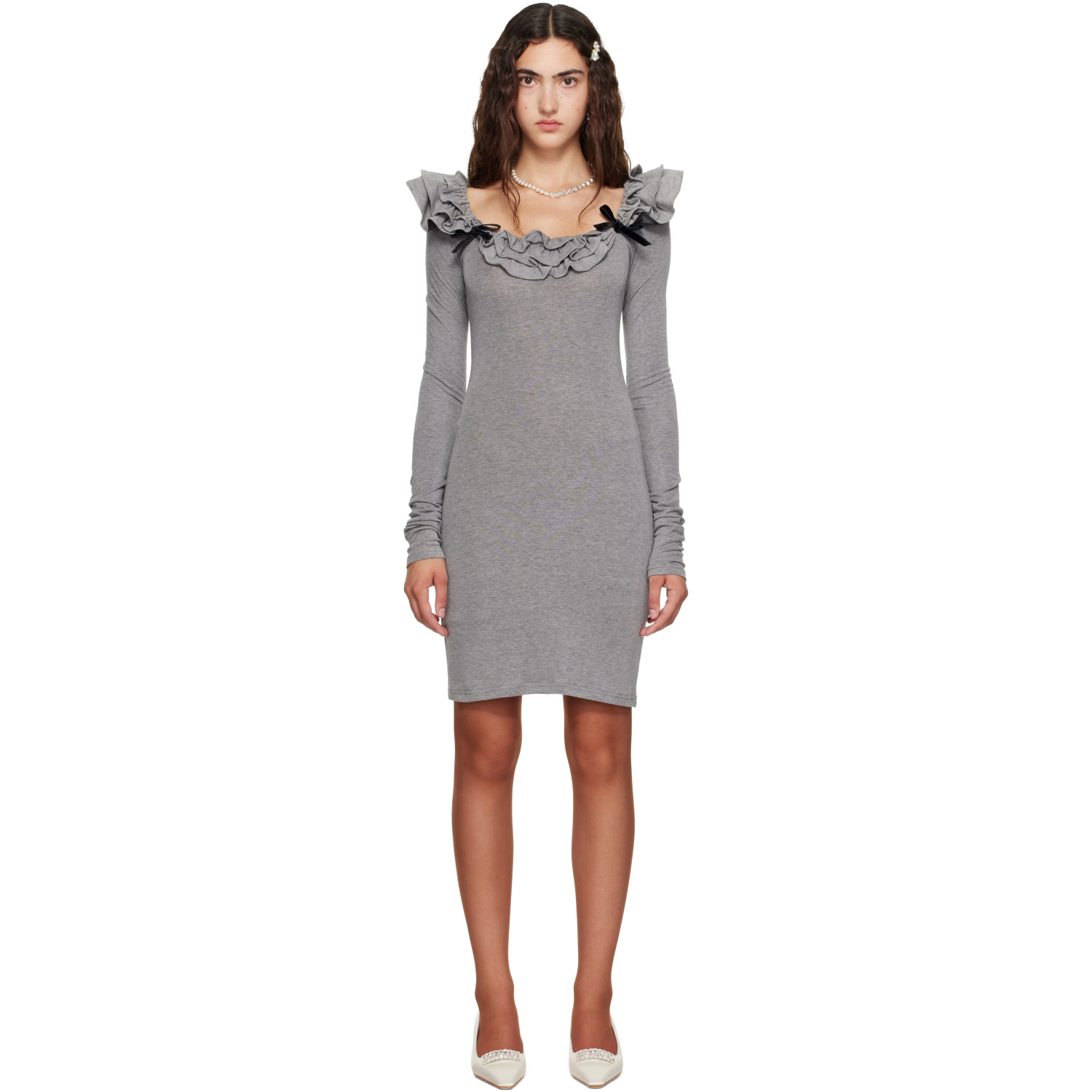 SHUSHU/TONG Gray Lace Trim Stretch Fitted Minidress