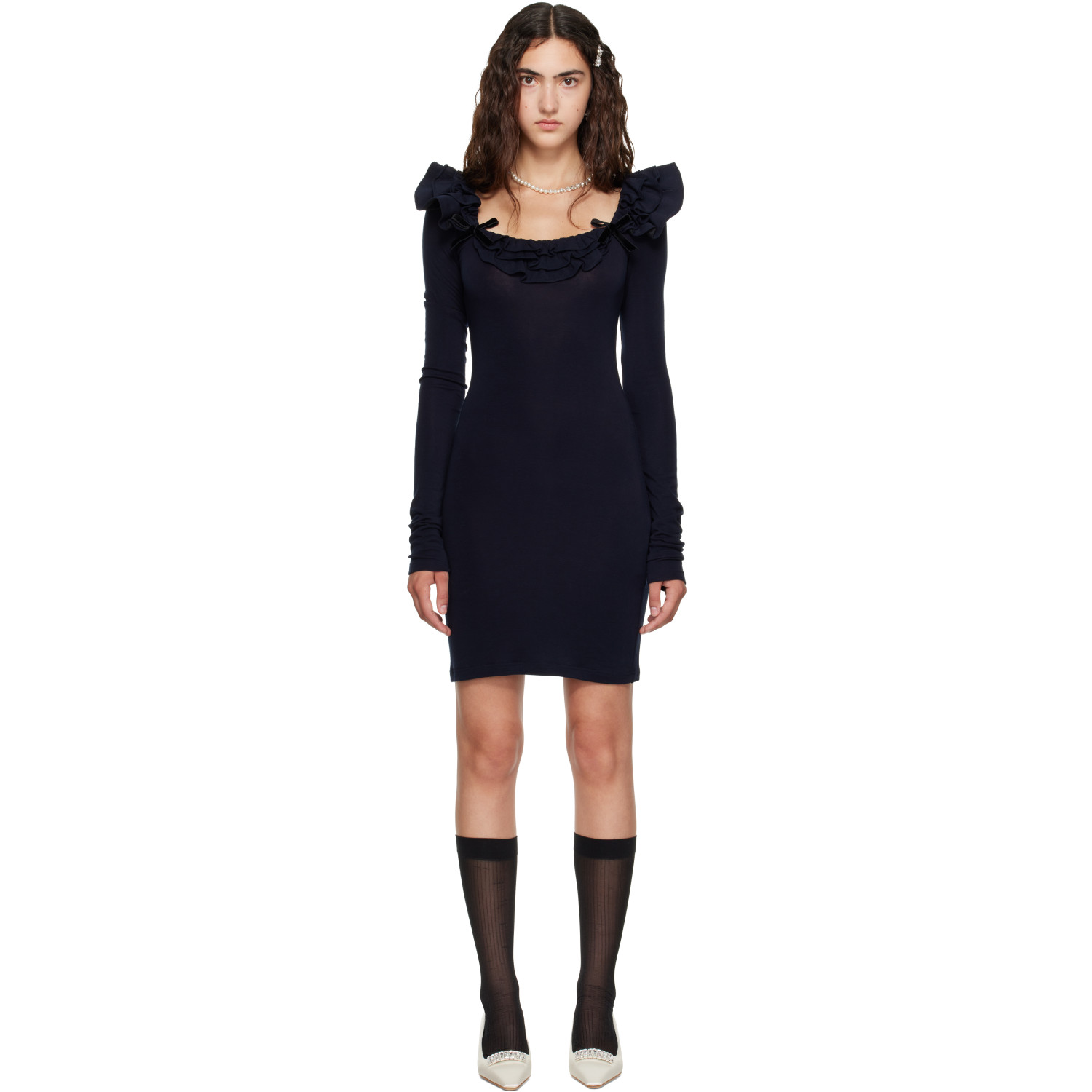 SHUSHU/TONG Navy Lace Trim Stretch Fitted Minidress