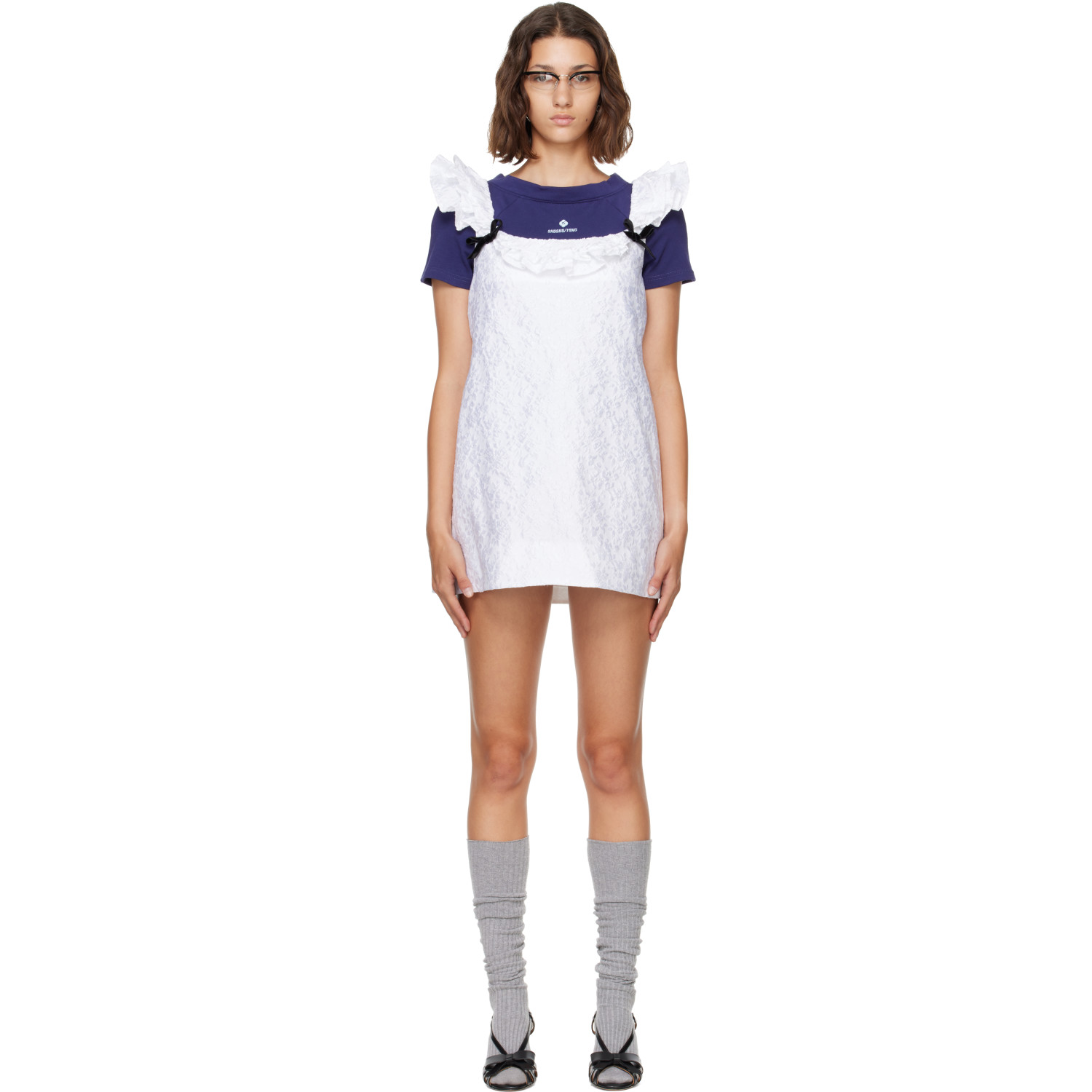 SHUSHU/TONG White Lace Trim Sleeve Straight Minidress