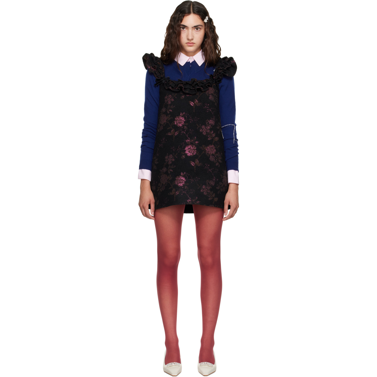 SHUSHU/TONG Black Lace Trim Sleeve Straight Minidress