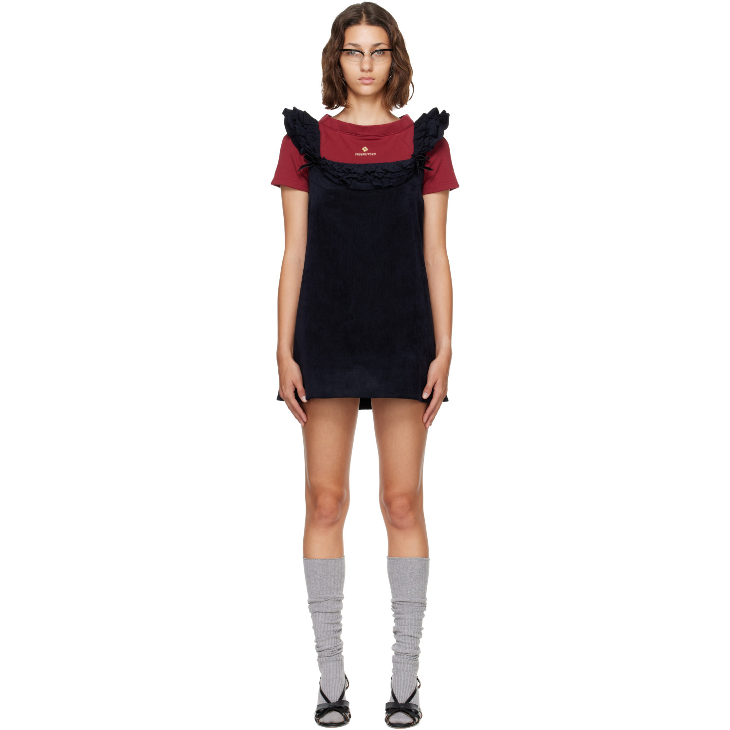 SHUSHU/TONG Navy Lace Trim Sleeve Straight Minidress