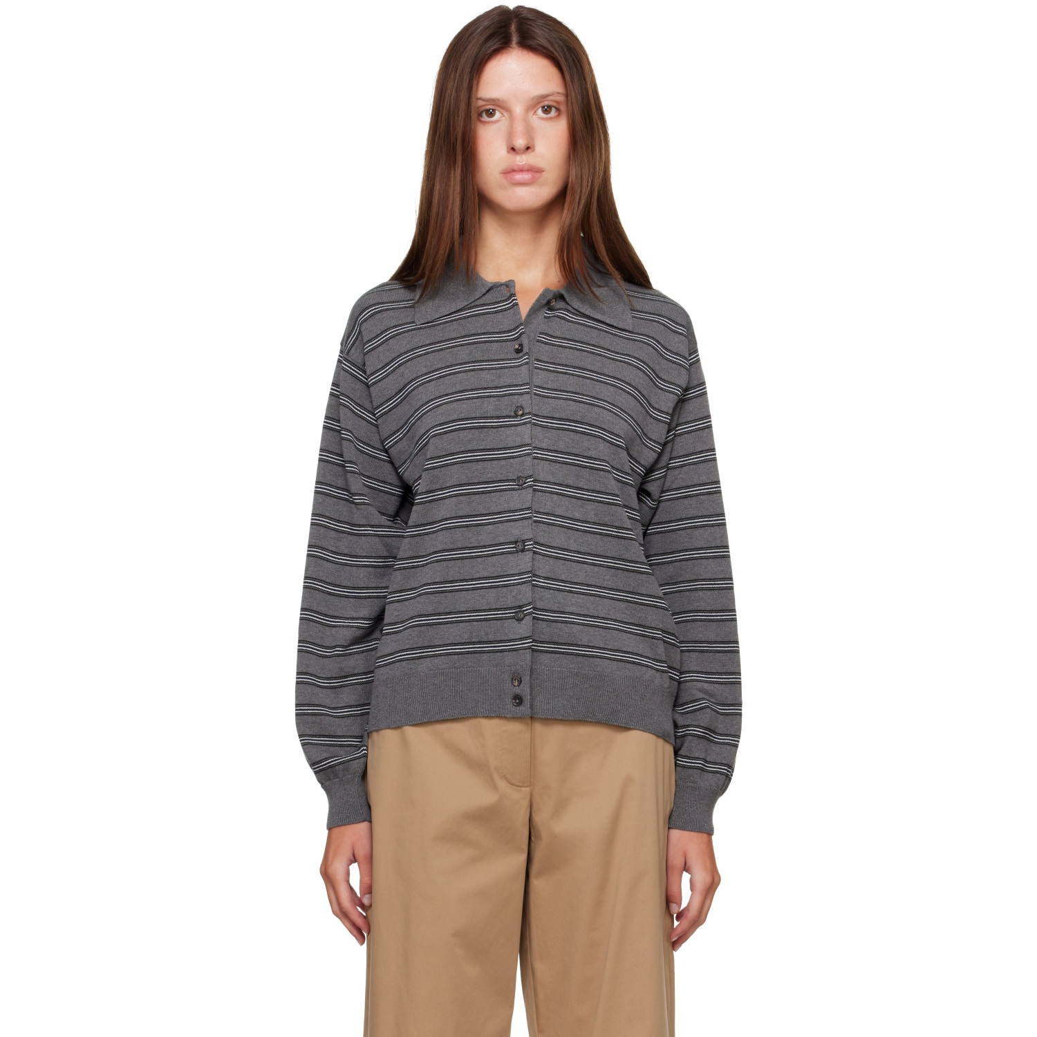 Cordera Gray Organic Cotton Striped Polo Cardigan