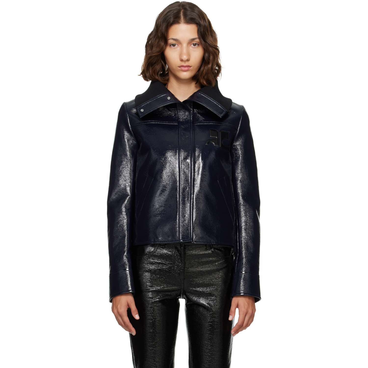 Courrèges Navy High Collar Vinyl Jacket