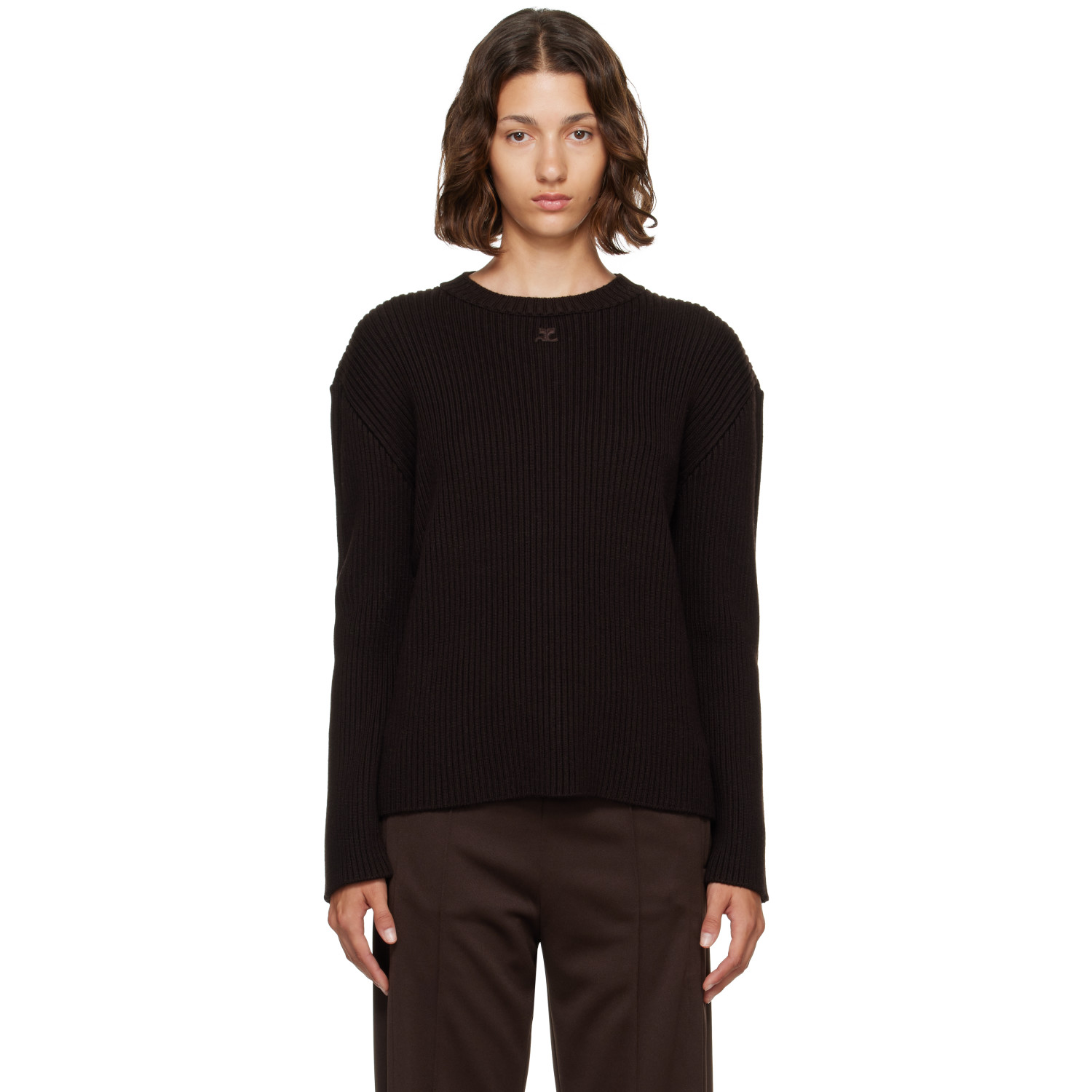 Courrèges Brown Merino Wool Crewneck Sweater