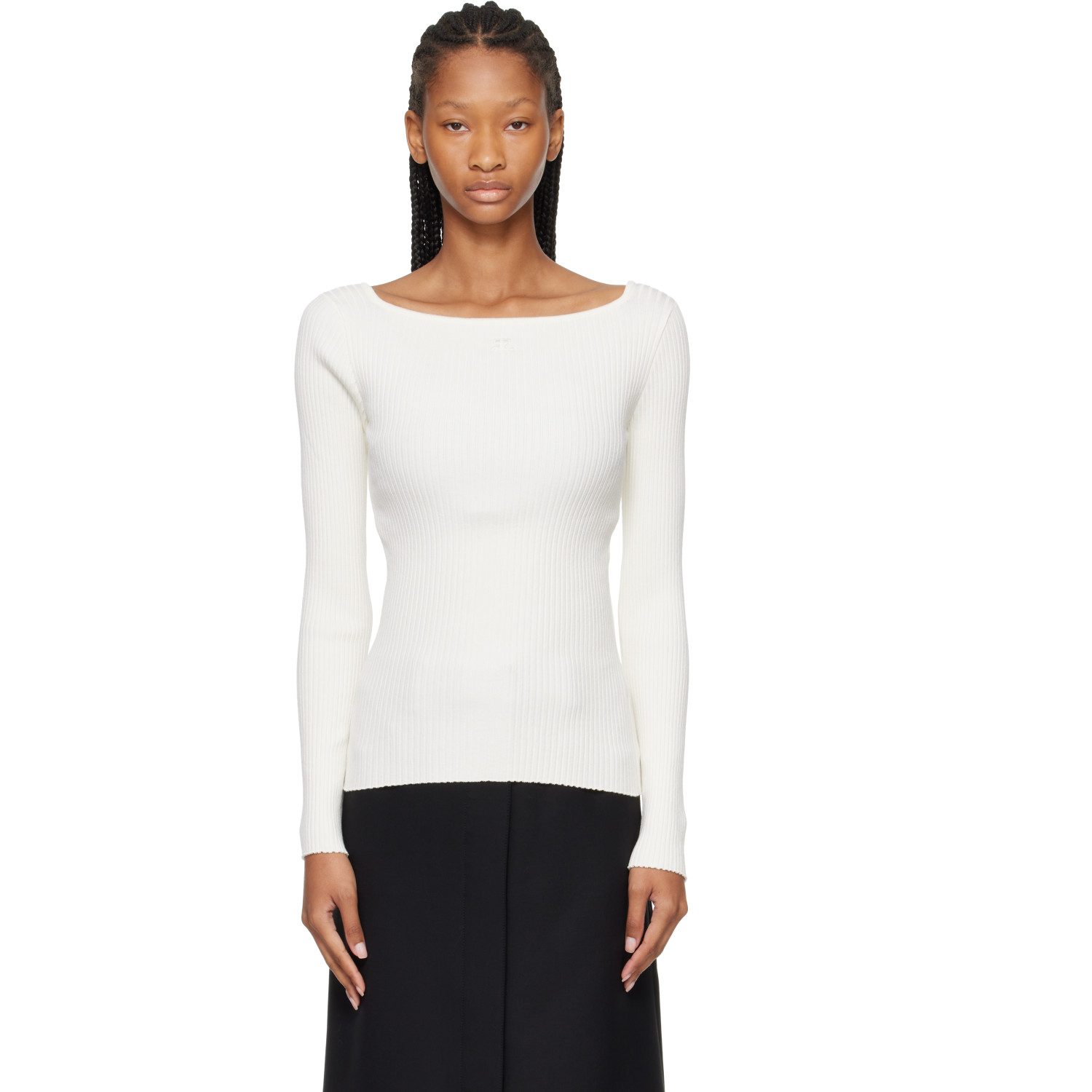 Courrèges White Square Neck Rib Knit Sweater