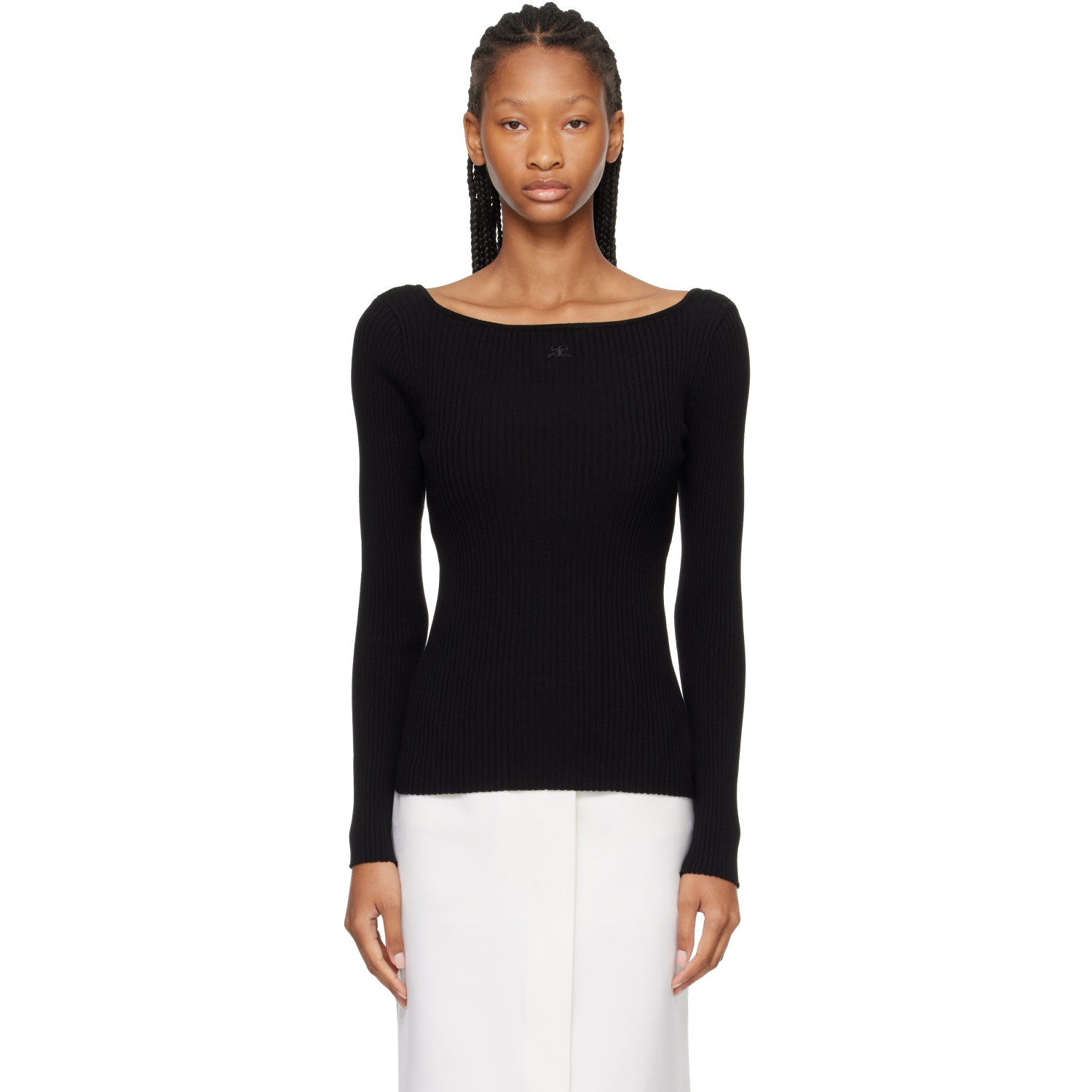 Courrèges Black Square Neck Rib Knit Sweater
