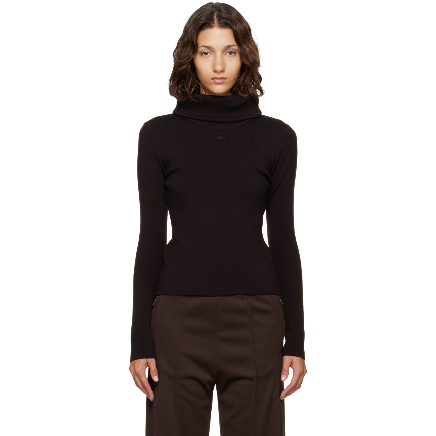 Courrèges Brown High Collar Merino Wool Sweater