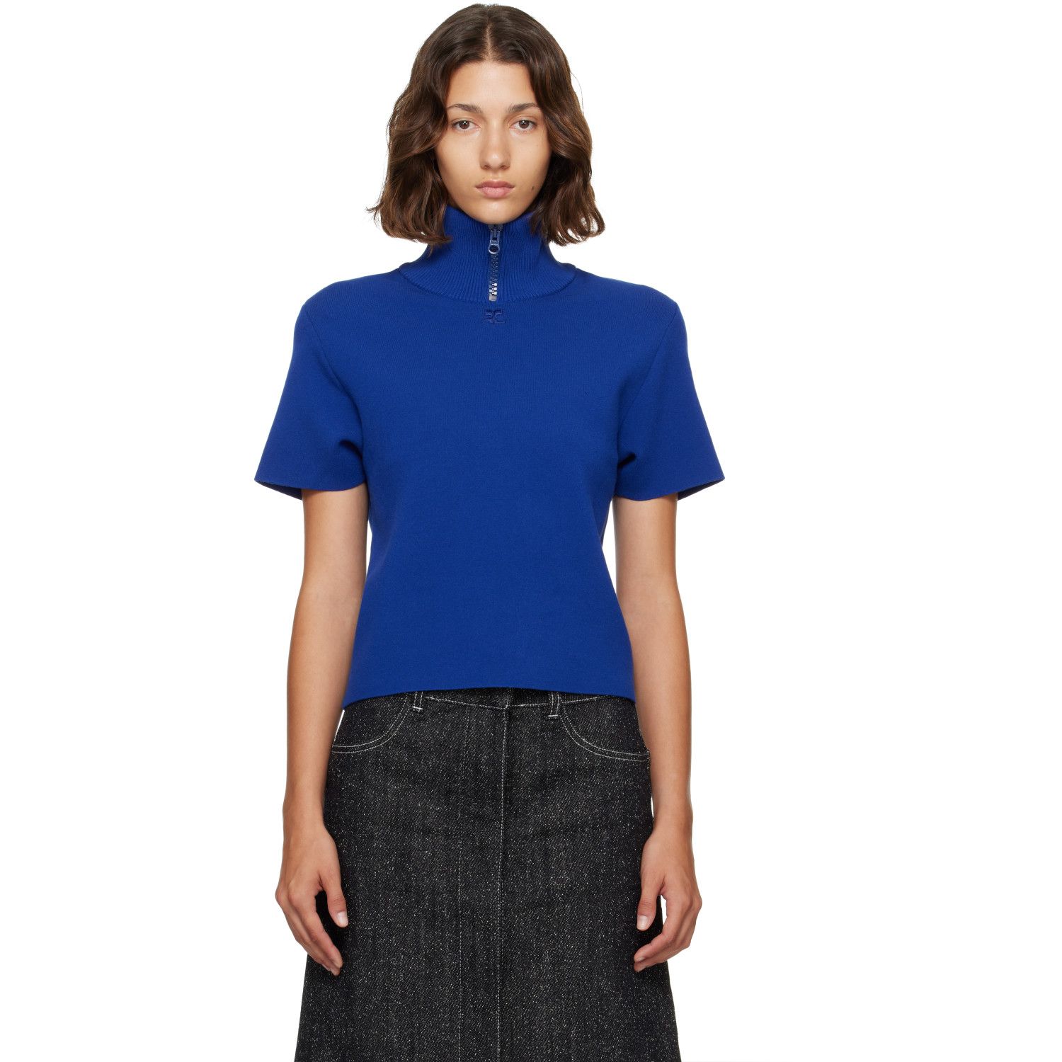 Courrèges Navy Ribbed Collar Milano Knit Top