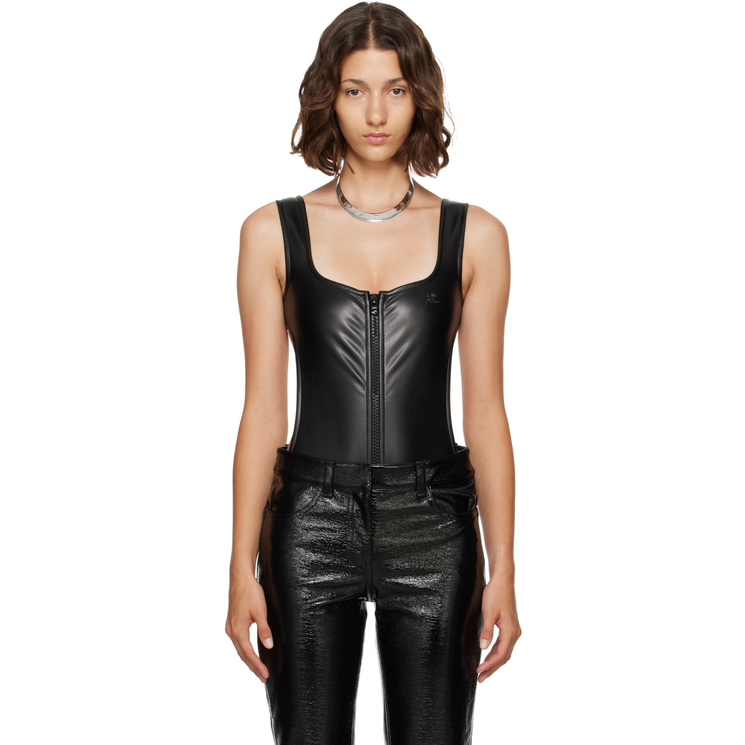 Courrèges Black Cut-Out Faux-Leather Bodysuit