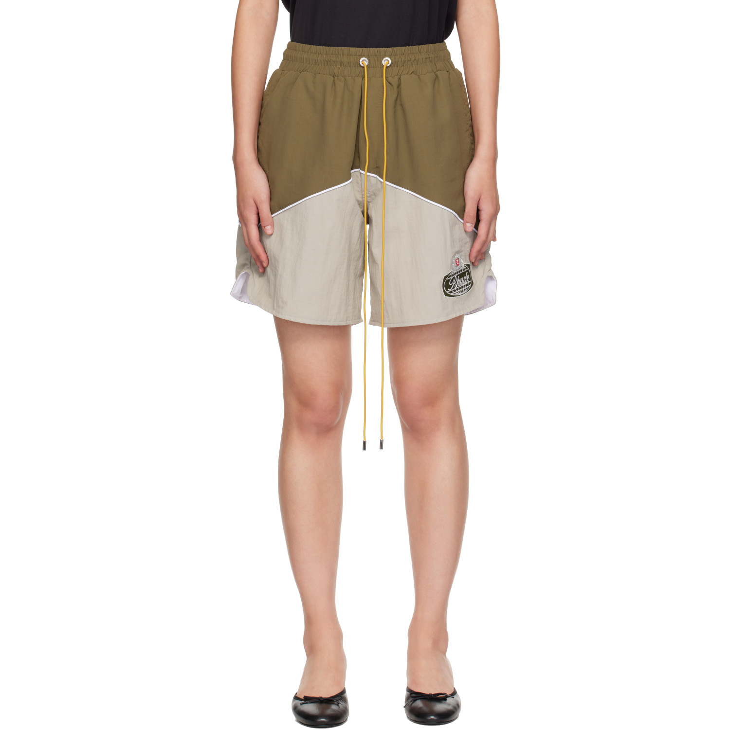 Rhude Khaki Desert Racing Track Shorts In 8630olive / Grey