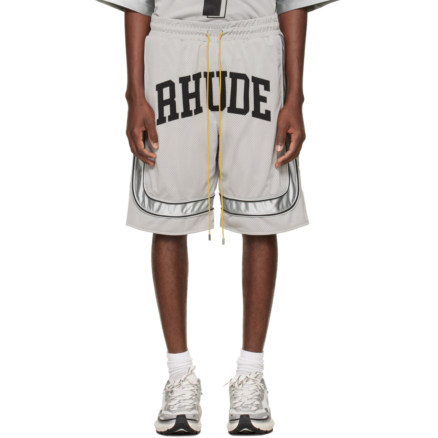 Rhude Gray Baggy Mesh Collegiate Logo Shorts