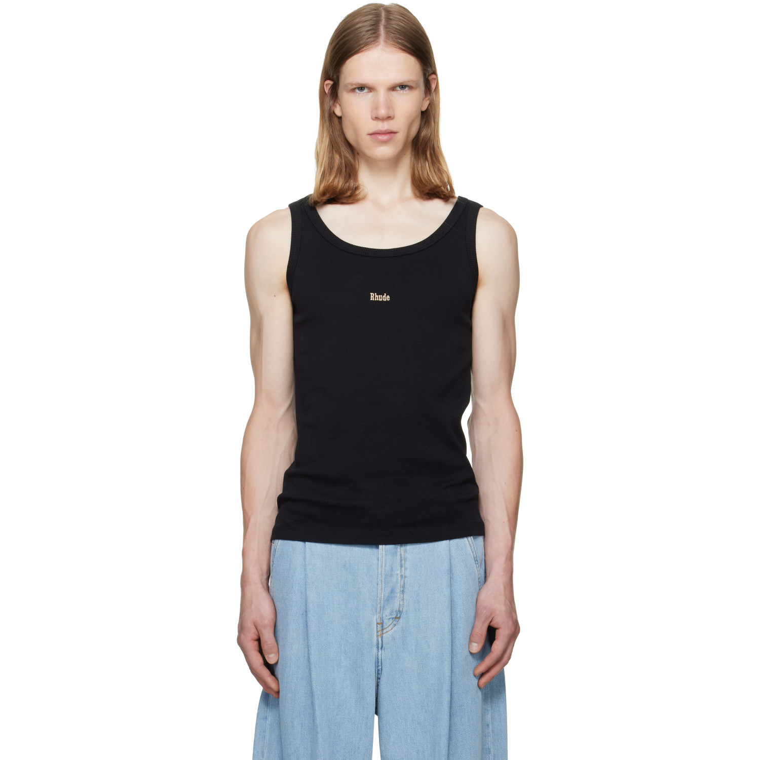 Rhude 블랙 로고 리브드 탱크탑