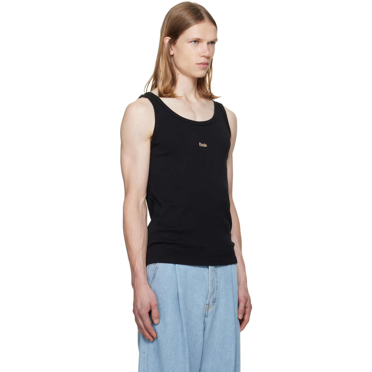 Rhude 블랙 로고 리브드 탱크탑