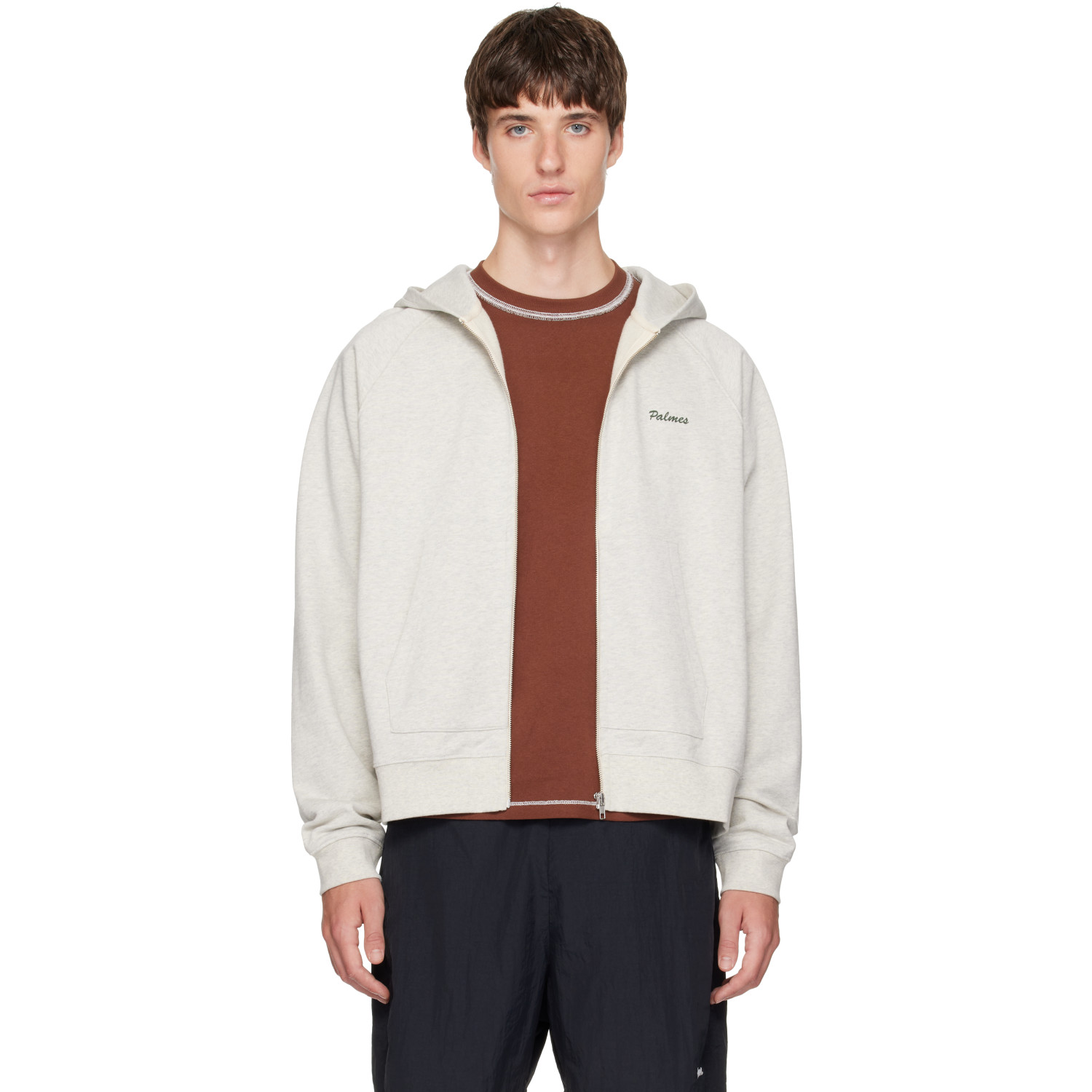 Palmes Gray Logo Zip Hoodie In Grey Melange