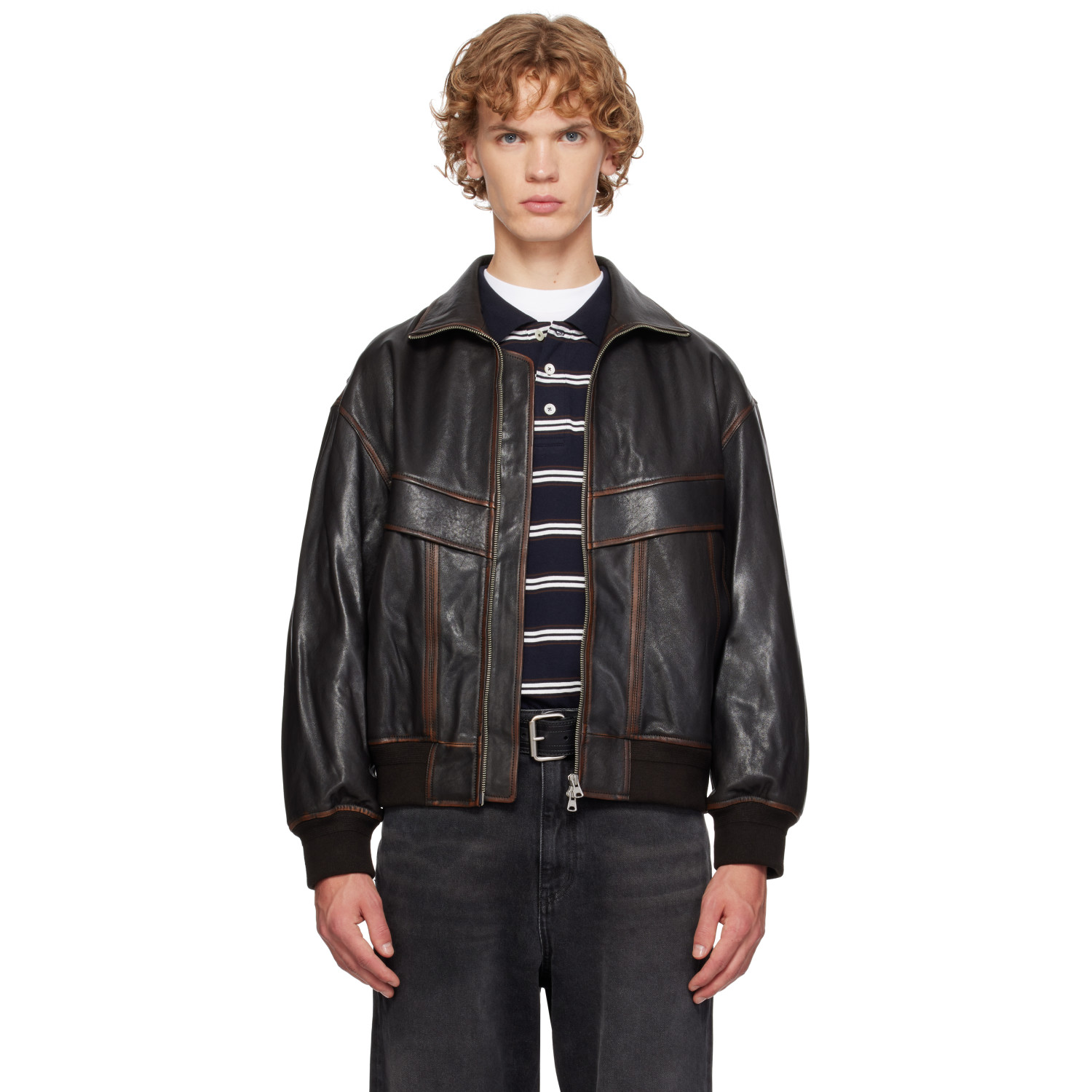 Dunst Brown Stand Collared Leather Jacket