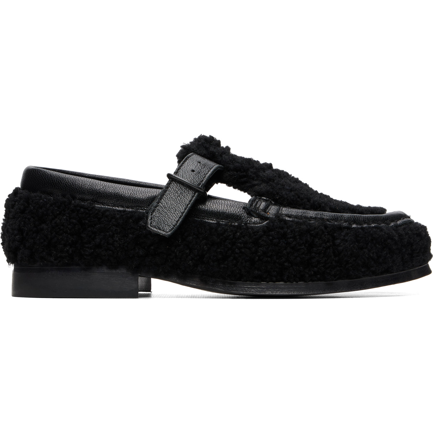 HEREU Black Alber Curly Shearling T-Bar Loafers