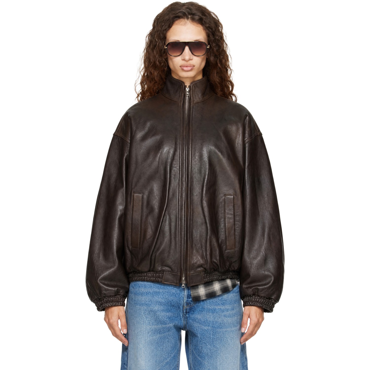 ssstein Brown Stand Collar Sheep Leather Jacket