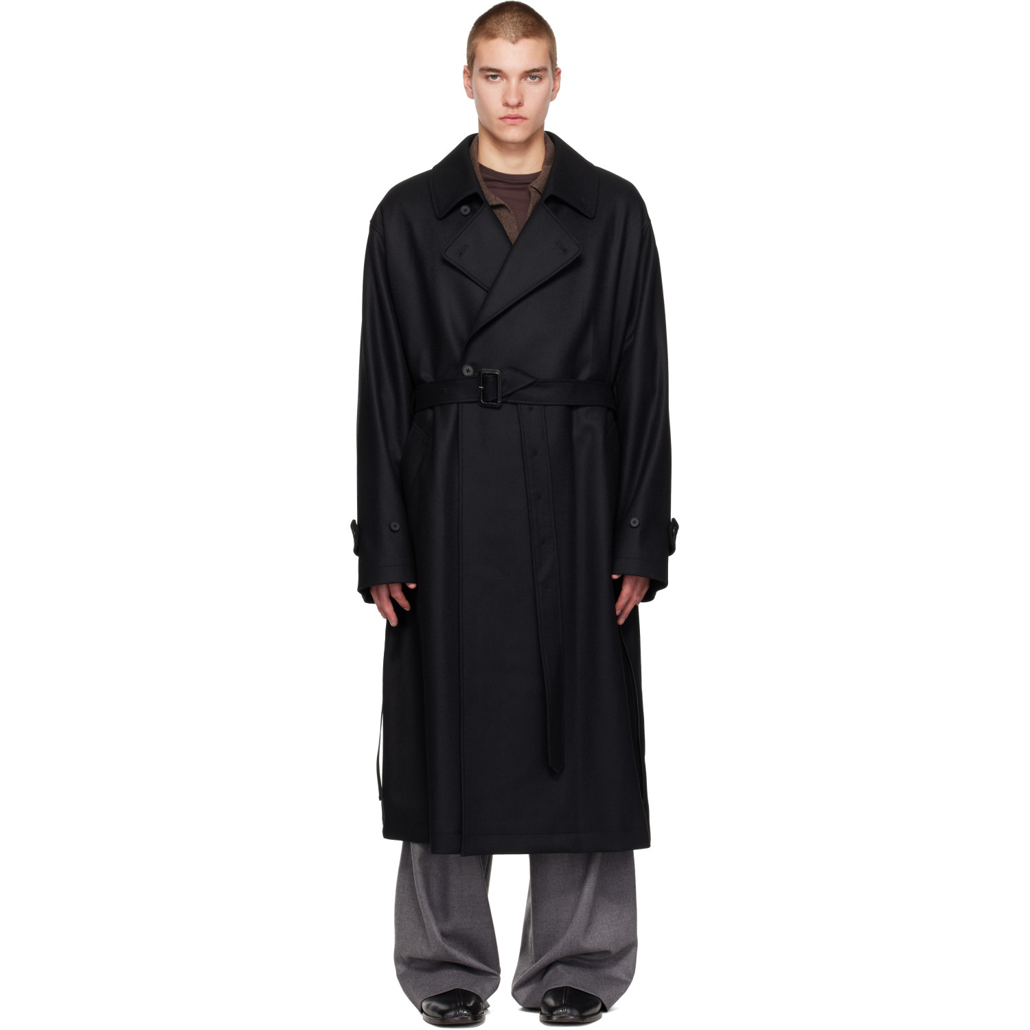 Ssstein Black Wool Melton Oversized Double Breasted Coat
