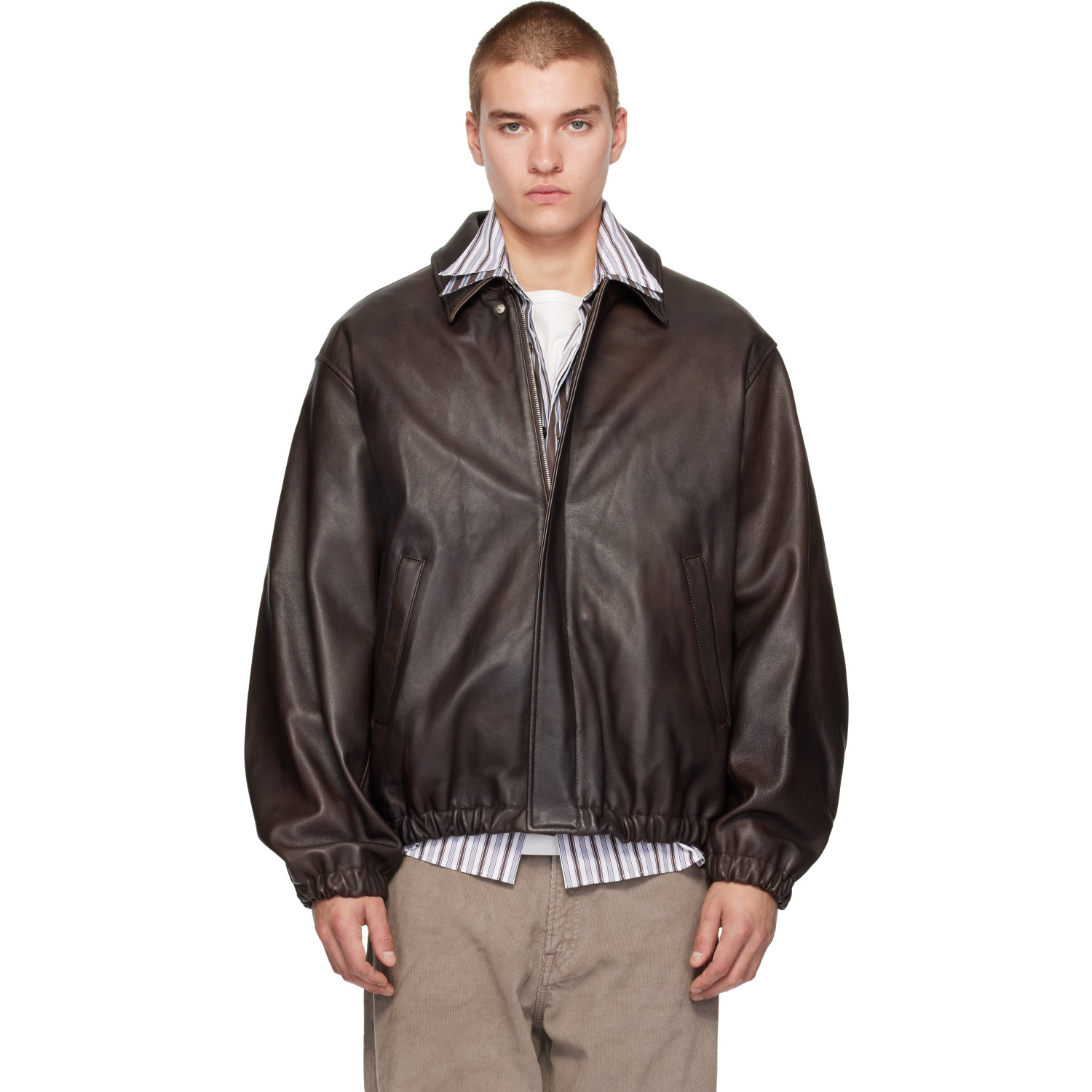 ssstein Brown Sheep Leather Zip Short Jacket