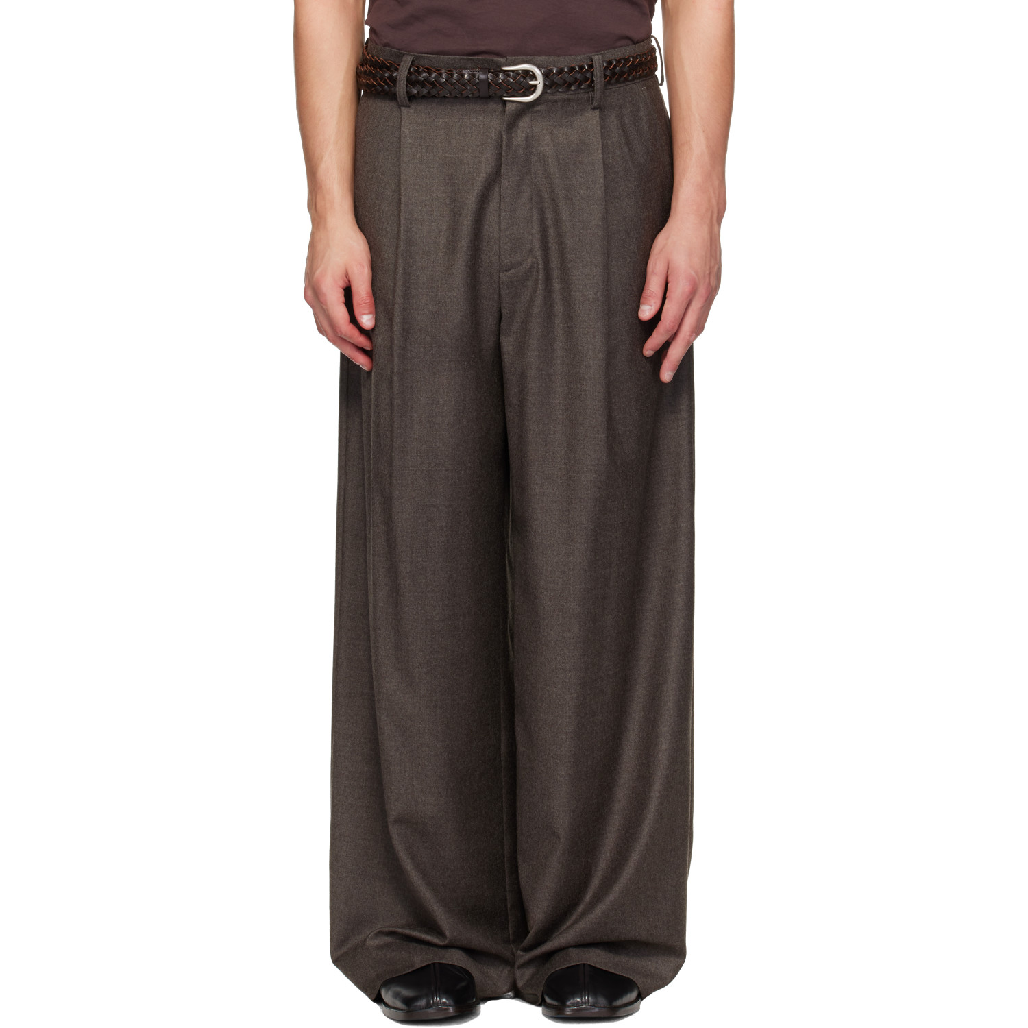 Ssstein Brown Wool Flannel Extra Wide Trousers